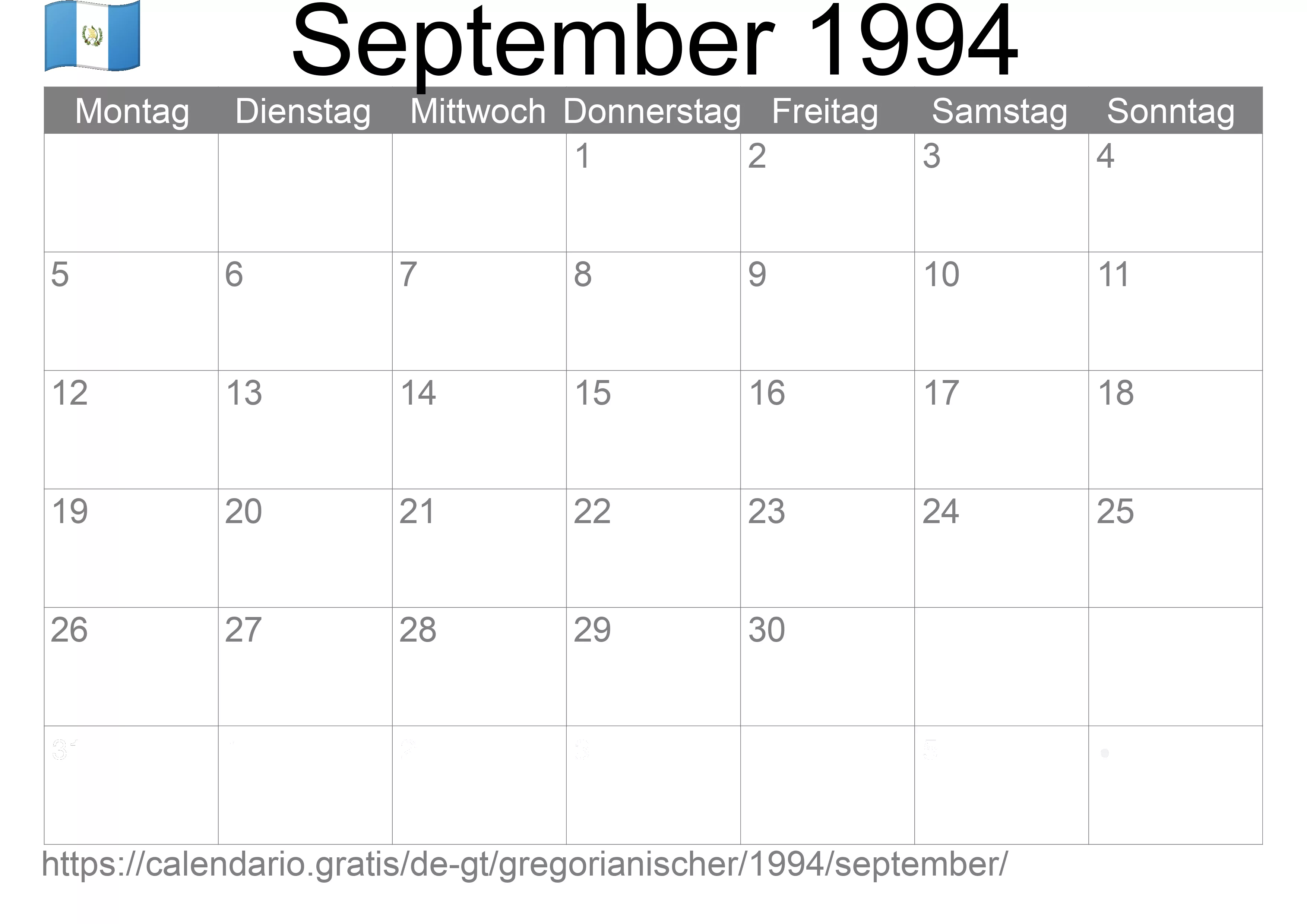 Kalender September 1994 zum Ausdrucken (Guatemala)