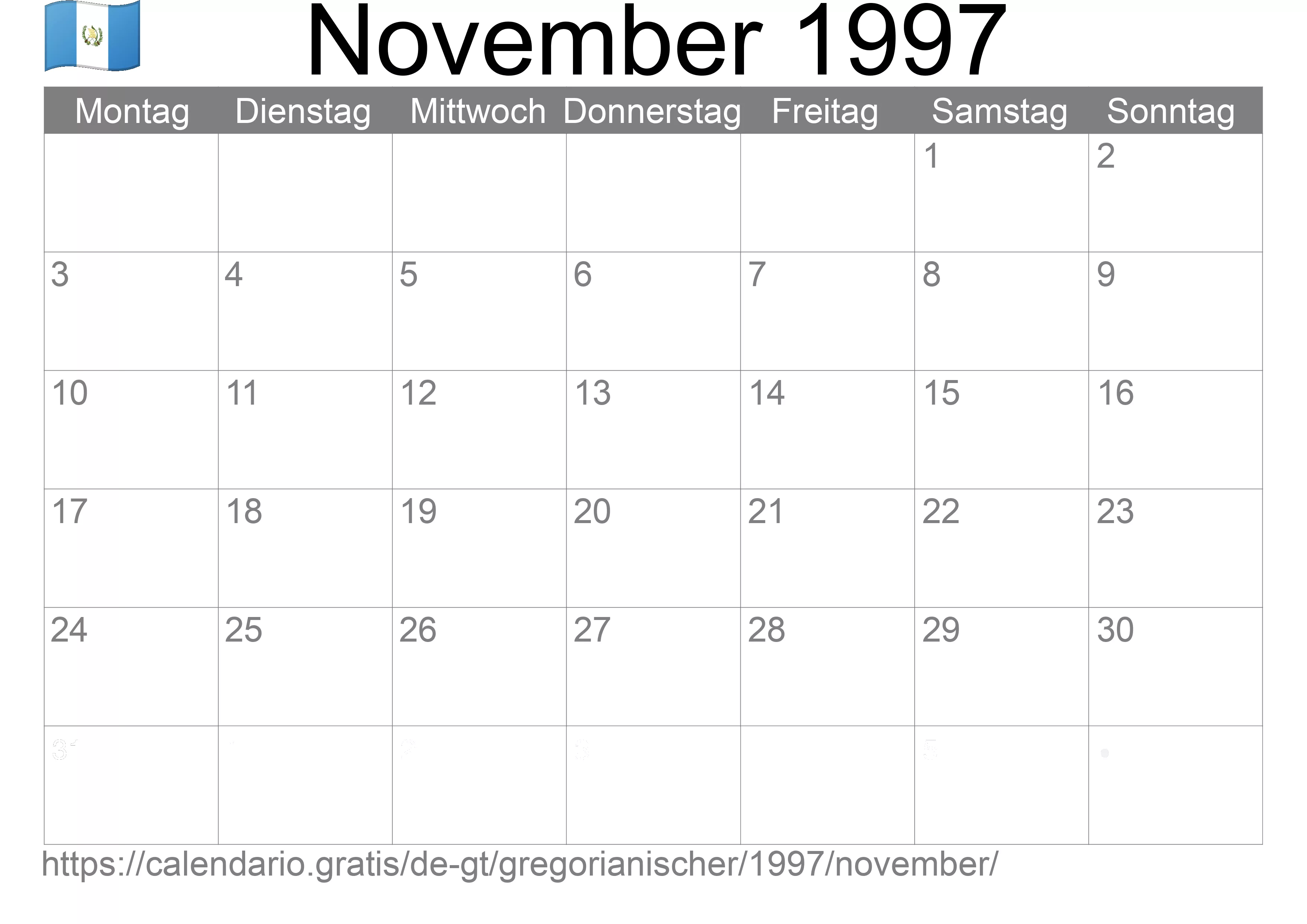 Kalender November 1997 zum Ausdrucken (Guatemala)
