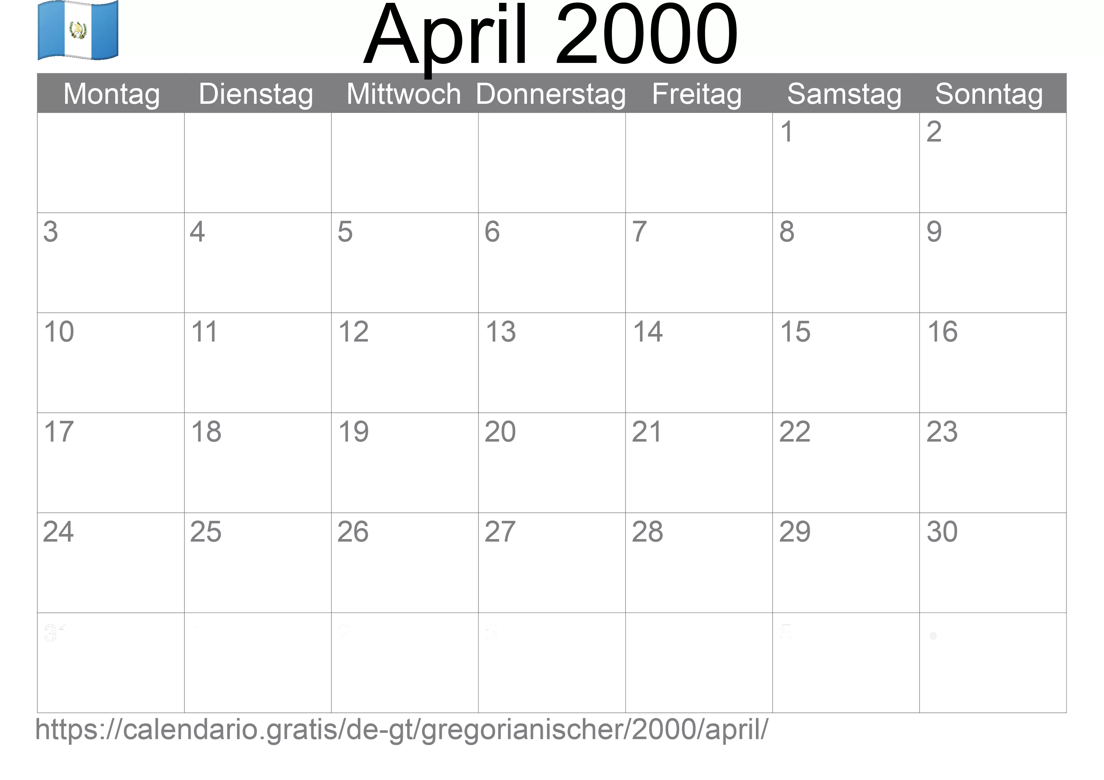Kalender April 2000 zum Ausdrucken (Guatemala)