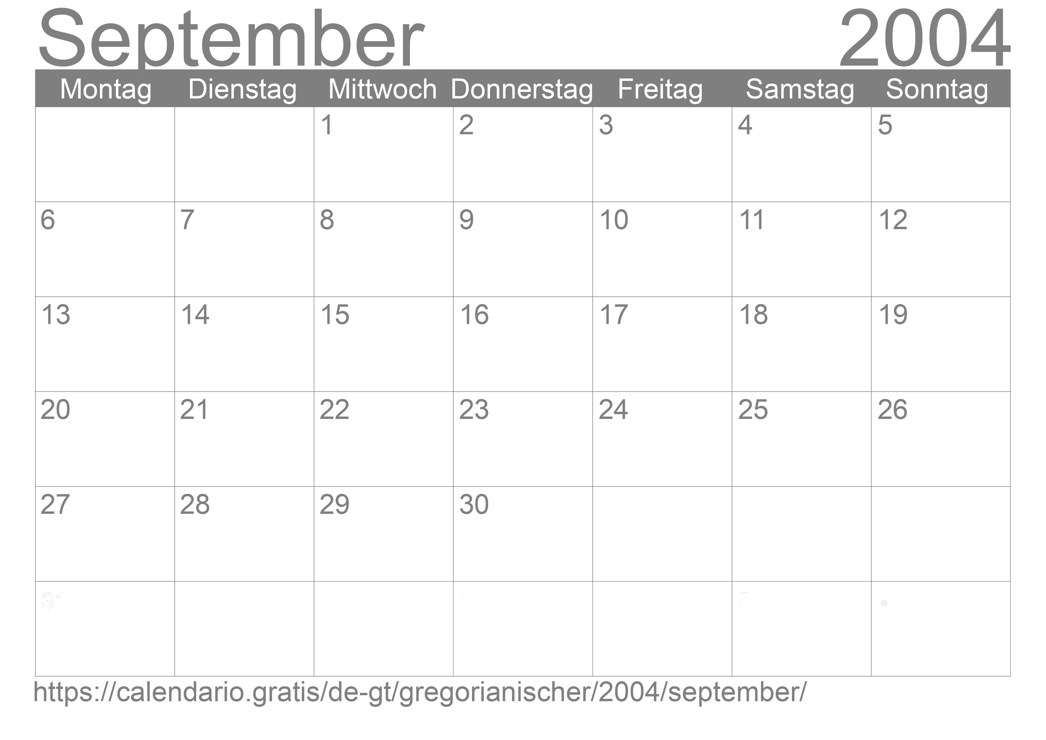 Kalender September 2004 zum Ausdrucken