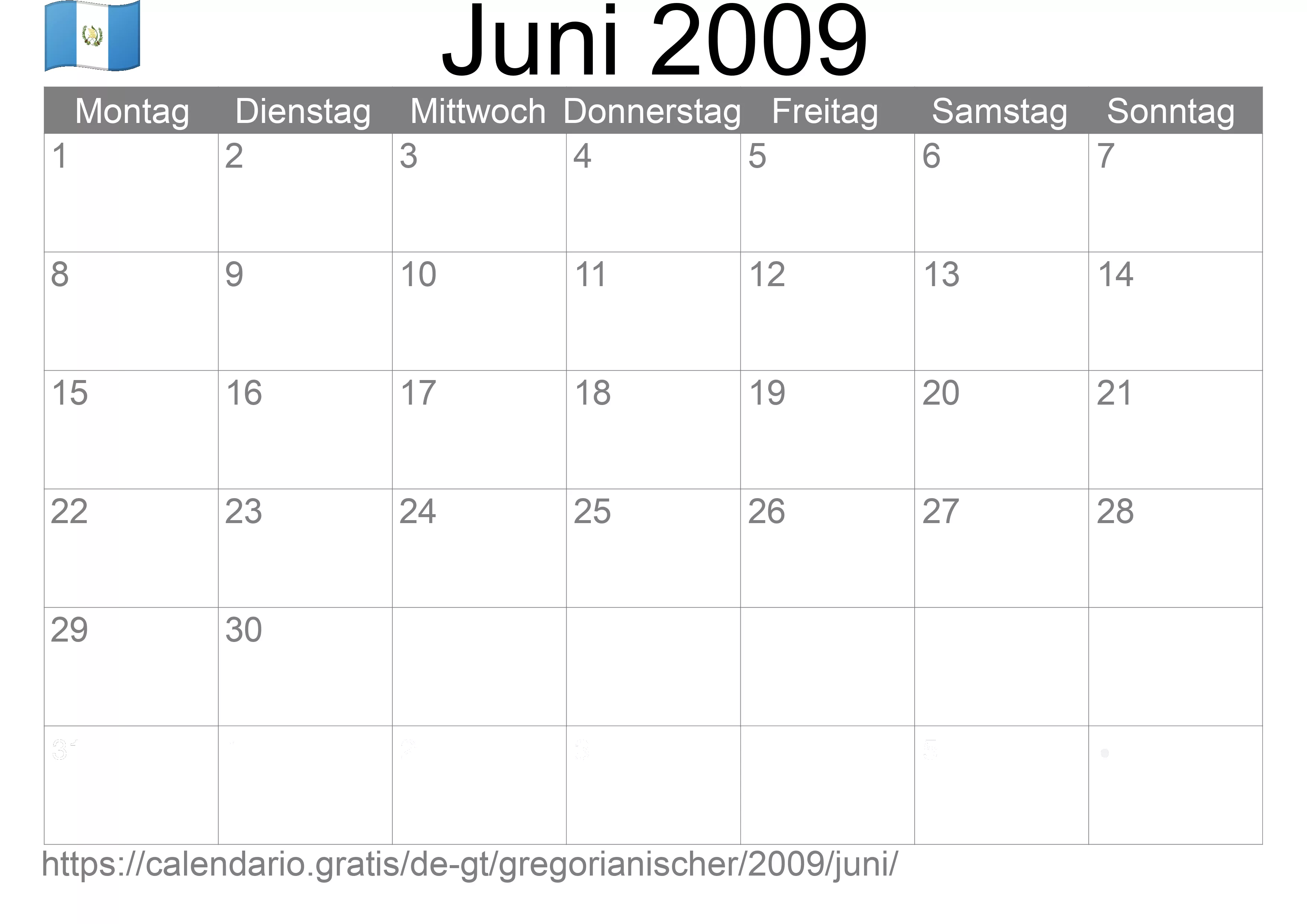 Kalender Juni 2009 zum Ausdrucken (Guatemala)
