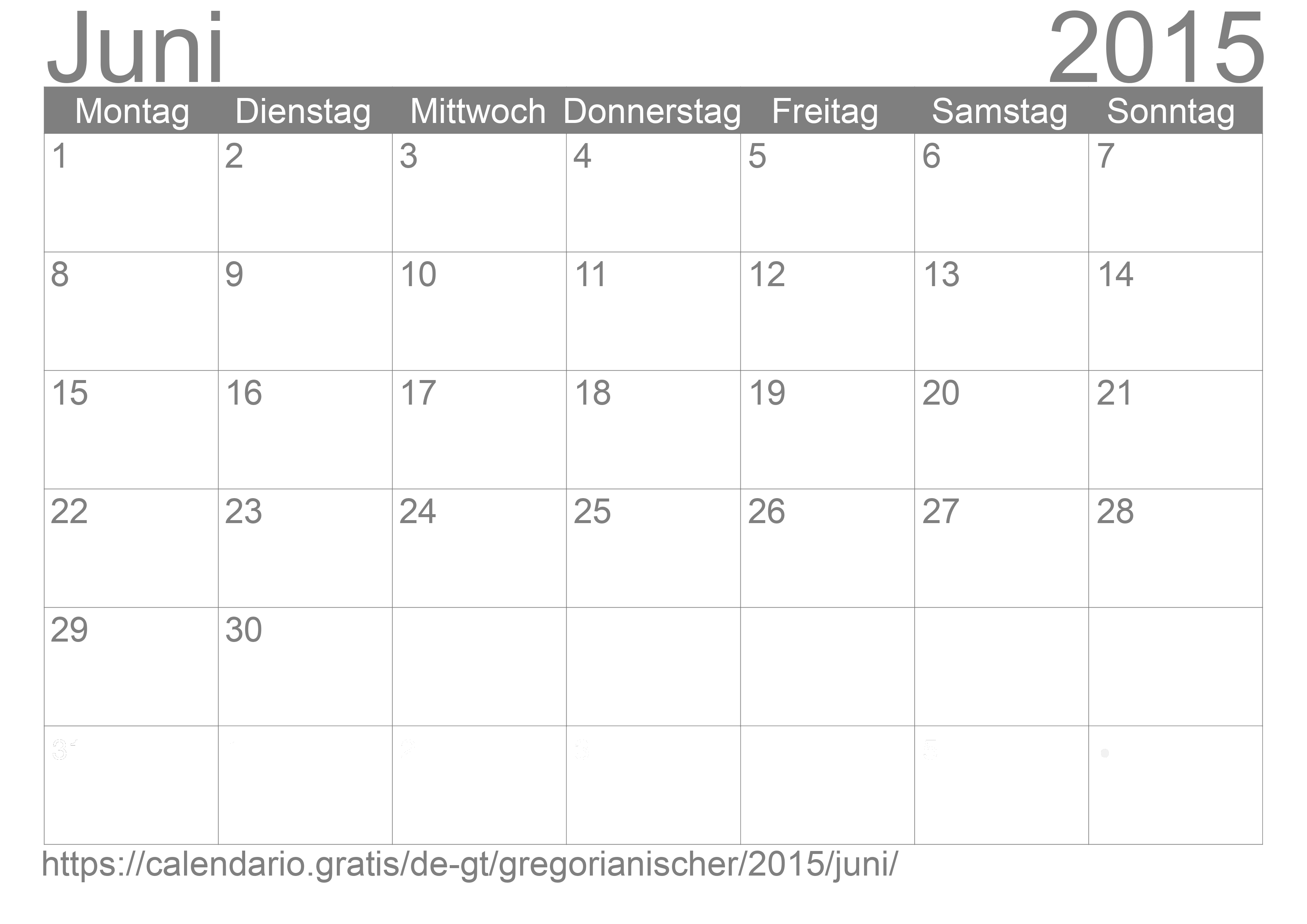 Kalender Juni 2015 zum Ausdrucken