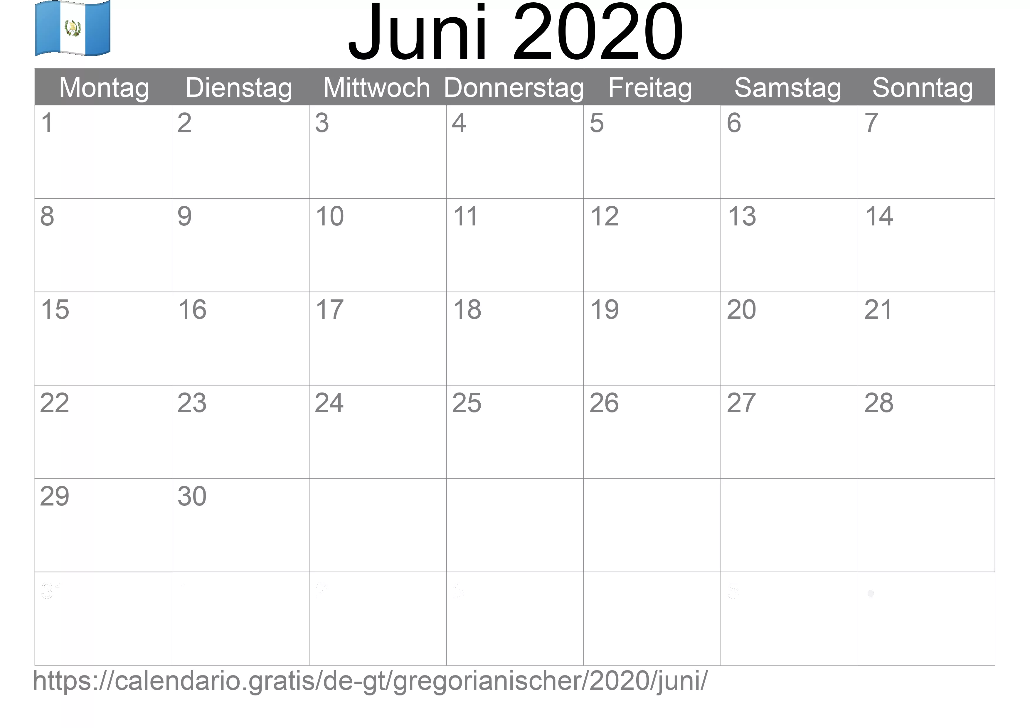 Kalender Juni 2020 zum Ausdrucken (Guatemala)