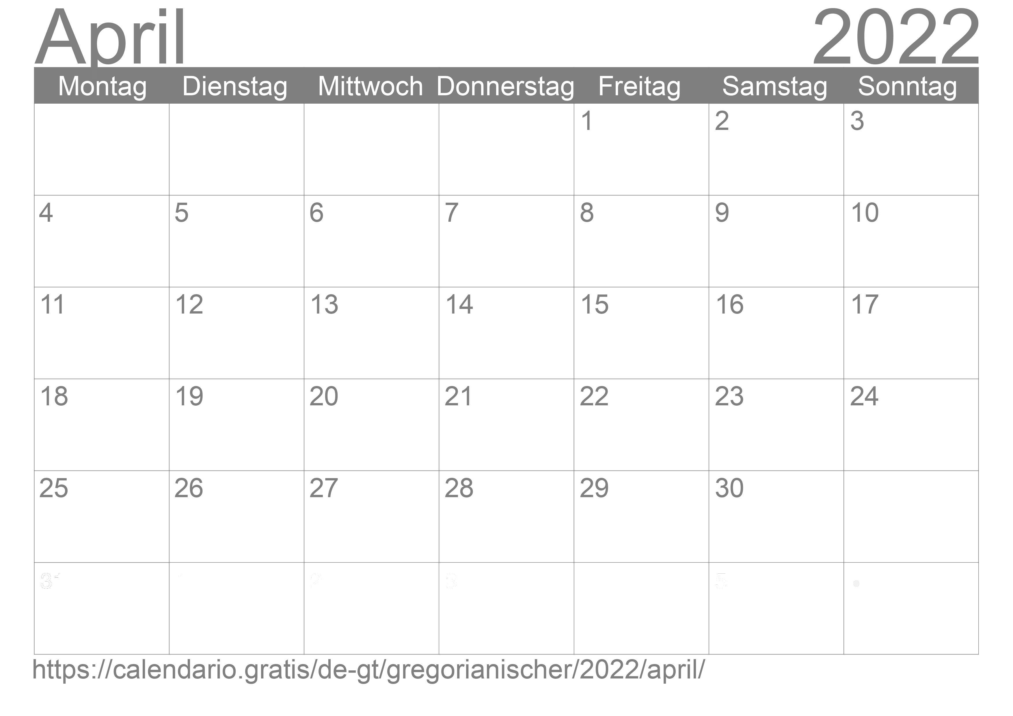 Kalender April 2022 zum Ausdrucken