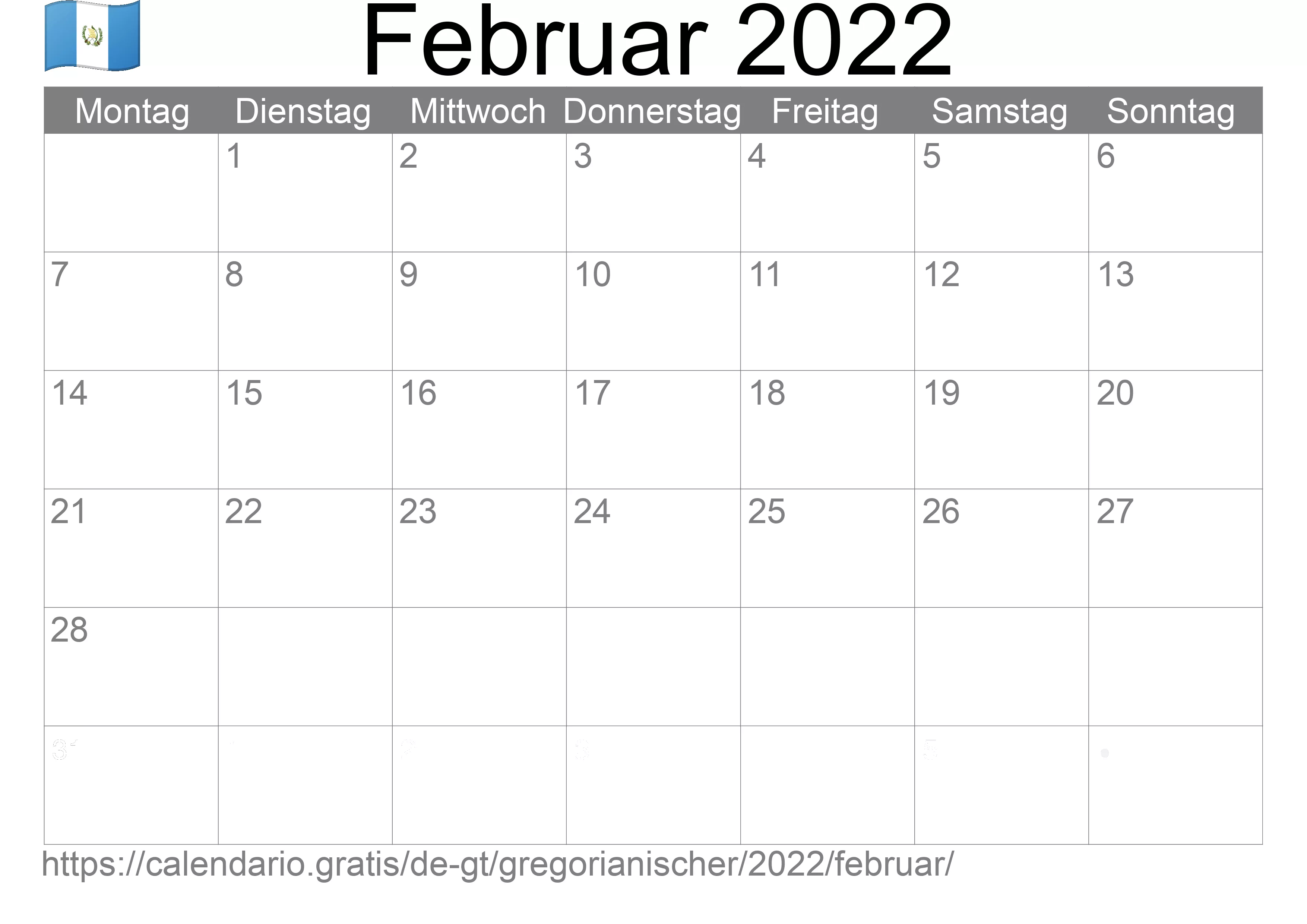 Kalender Februar 2022 zum Ausdrucken (Guatemala) Kalender Februar 2022 zum Ausdrucken (Guatemala)