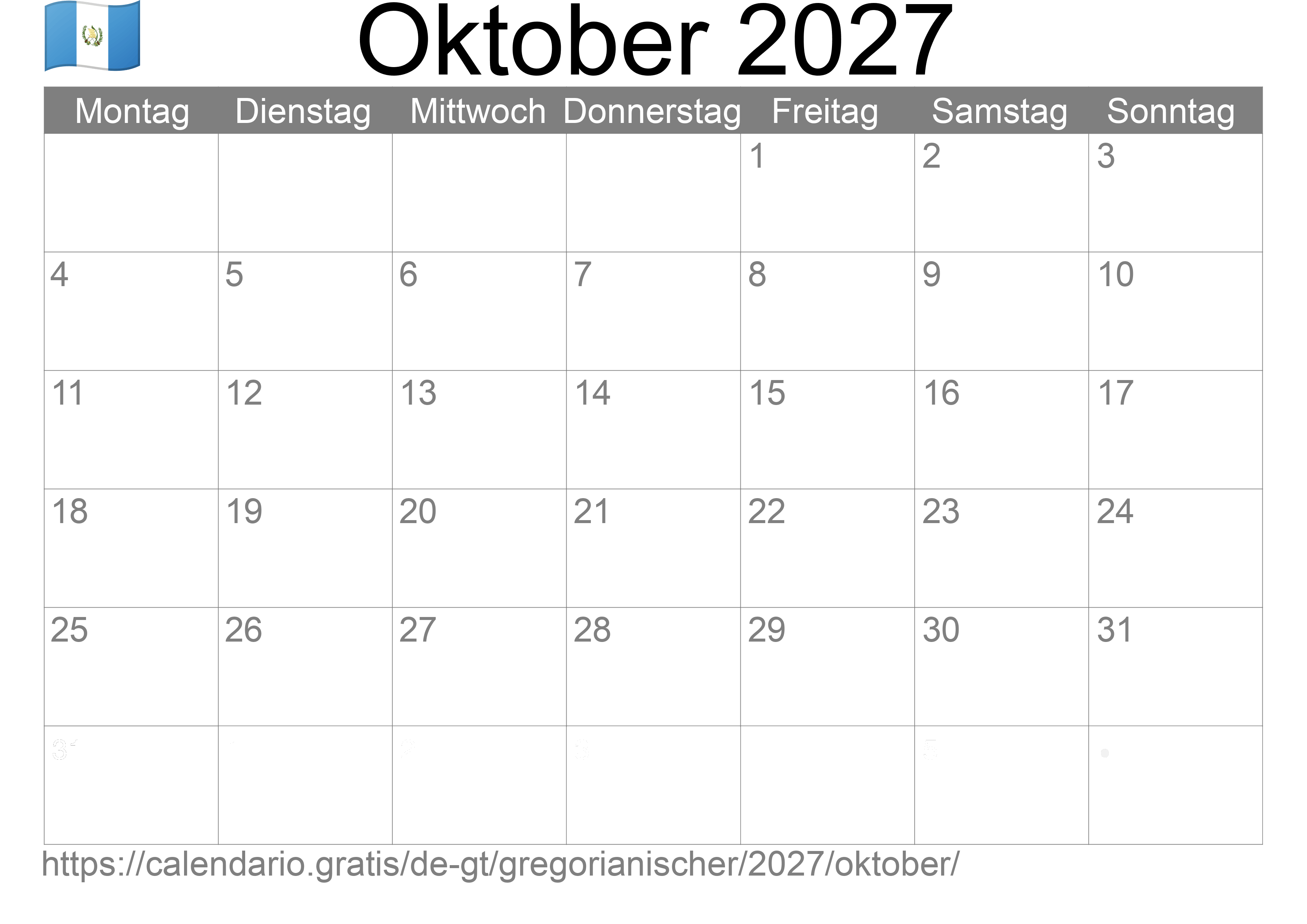 Kalender Oktober 2027 zum Ausdrucken