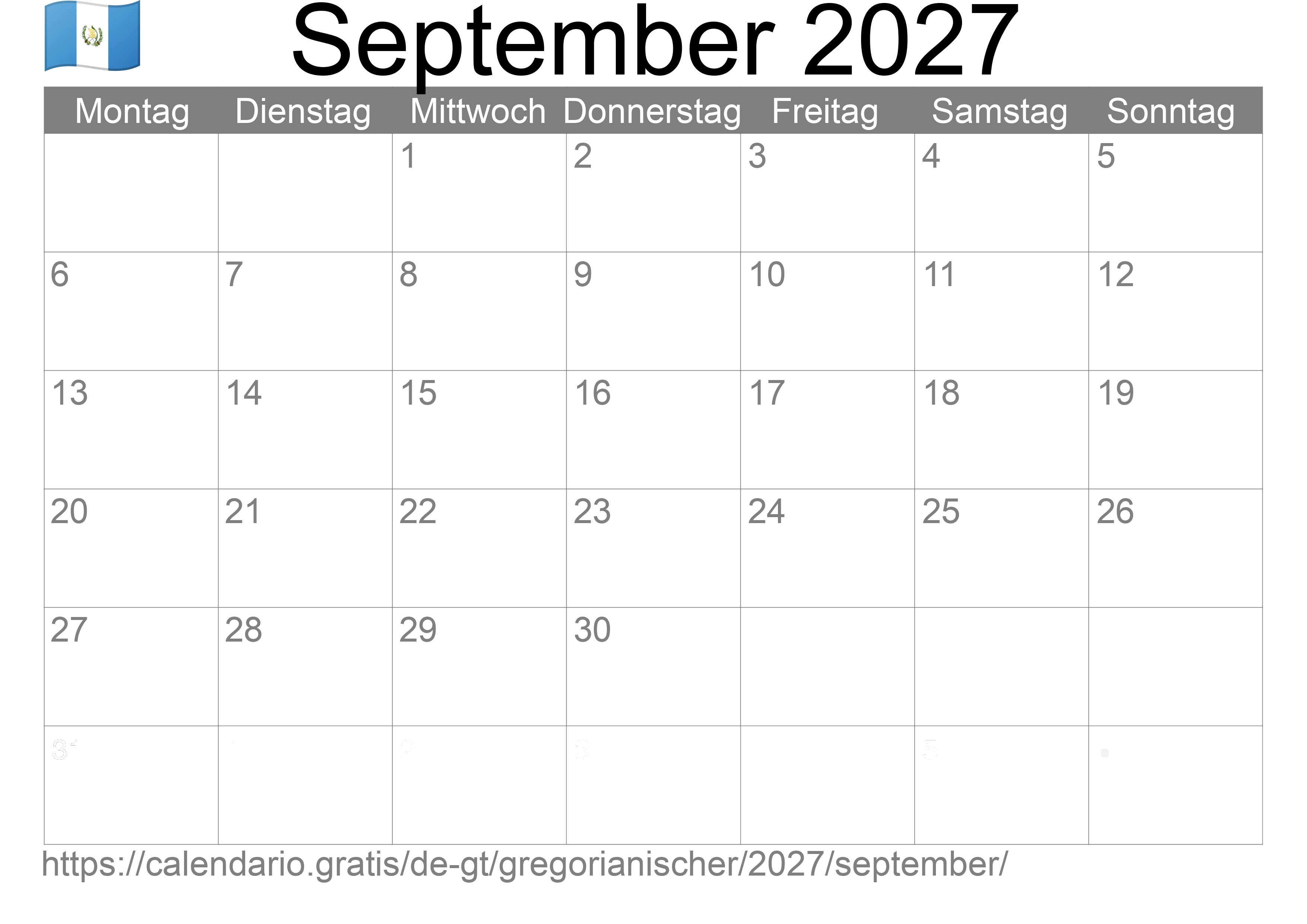 Kalender September 2027 zum Ausdrucken