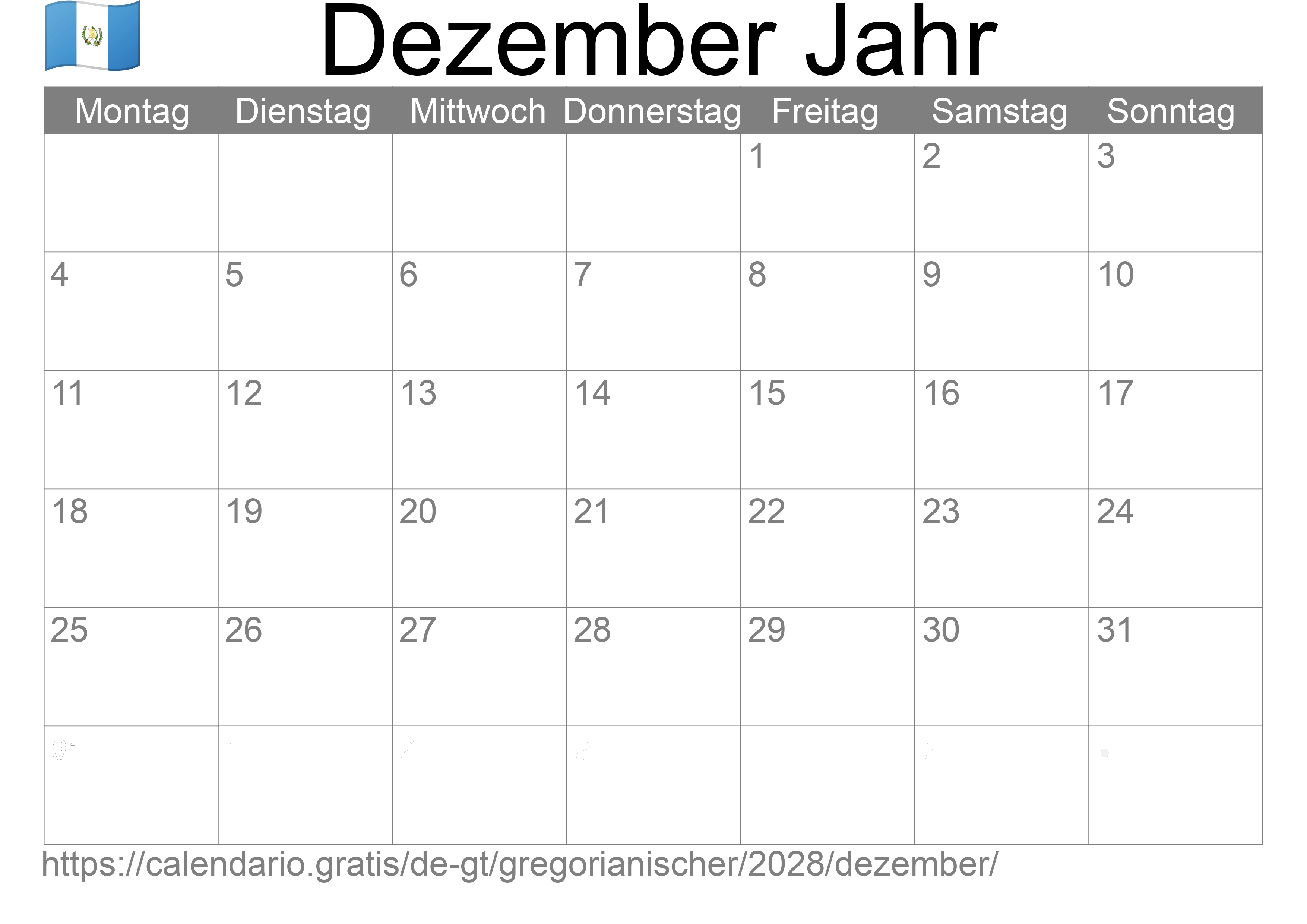 Kalender Dezember 2028 zum Ausdrucken