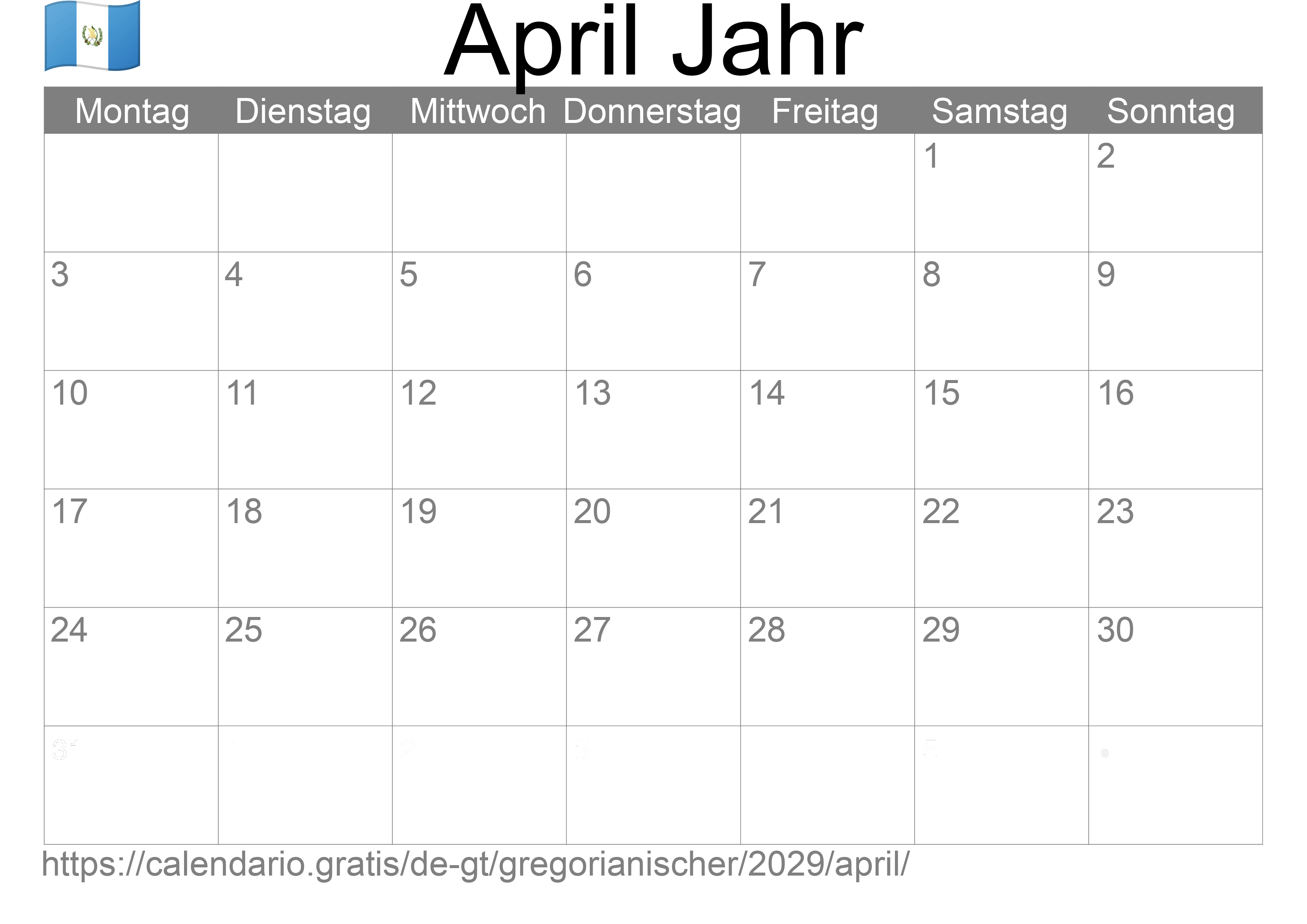 Kalender April 2029 zum Ausdrucken