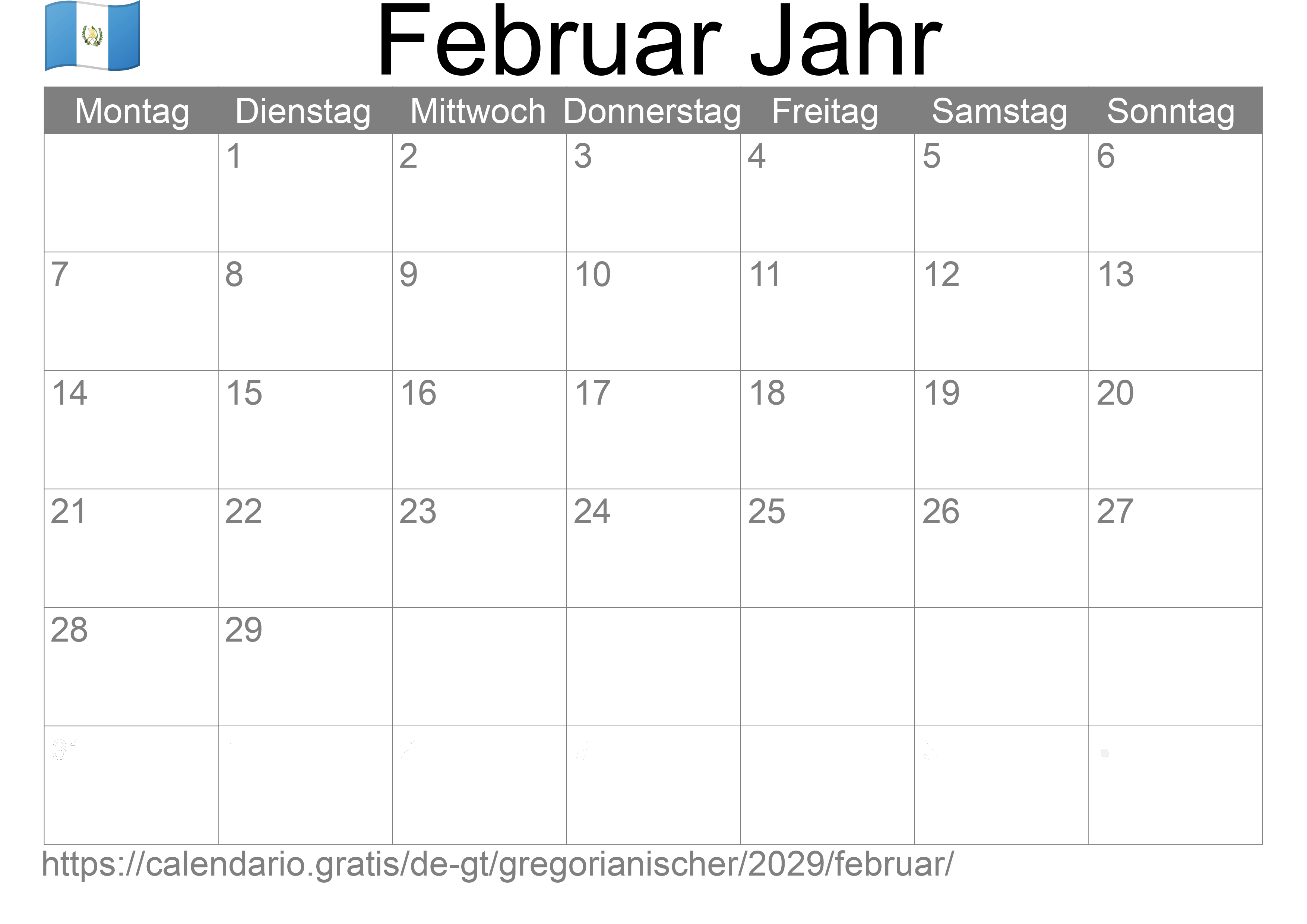 Kalender Februar 2029 zum Ausdrucken