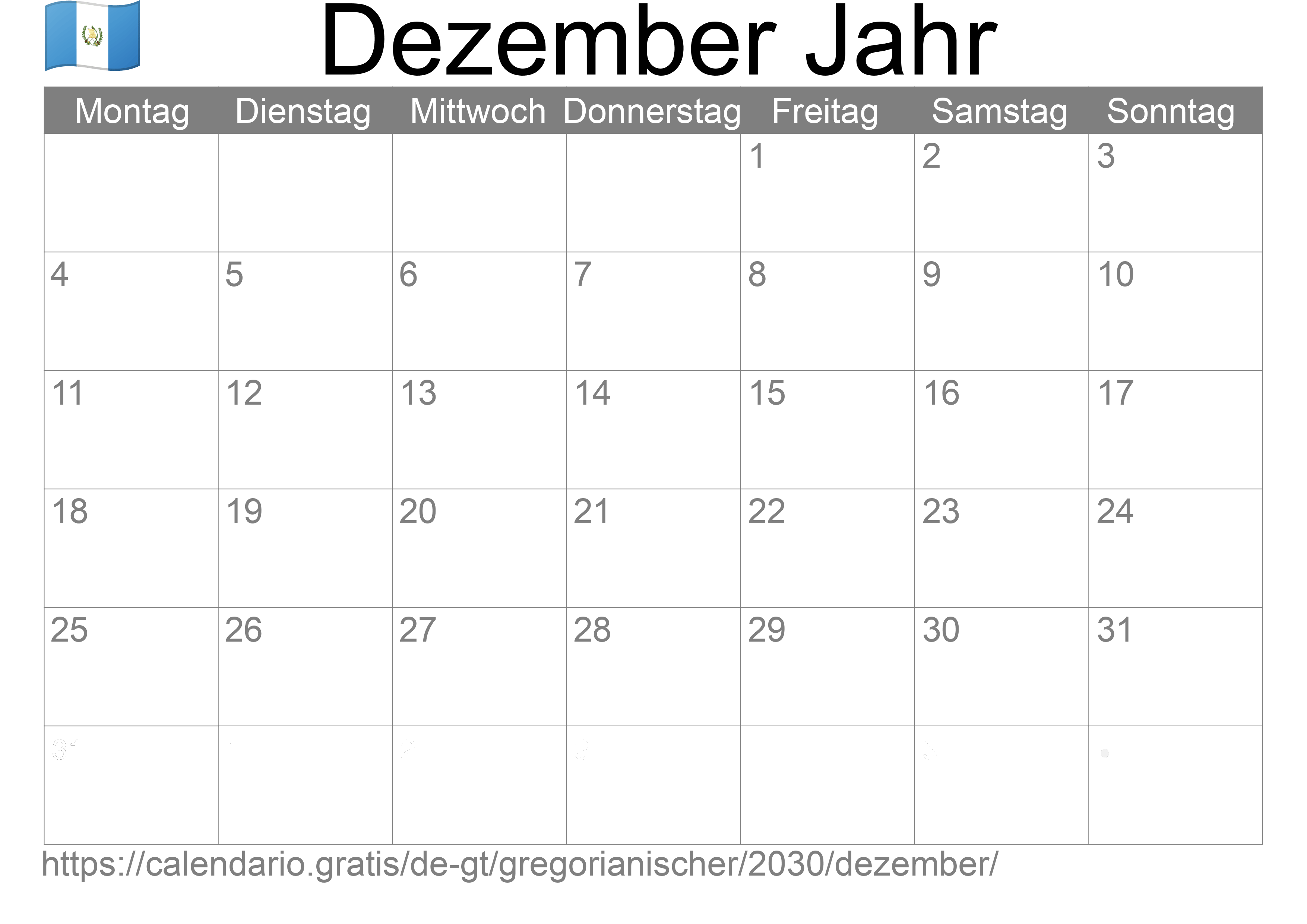 Kalender Dezember 2030 zum Ausdrucken