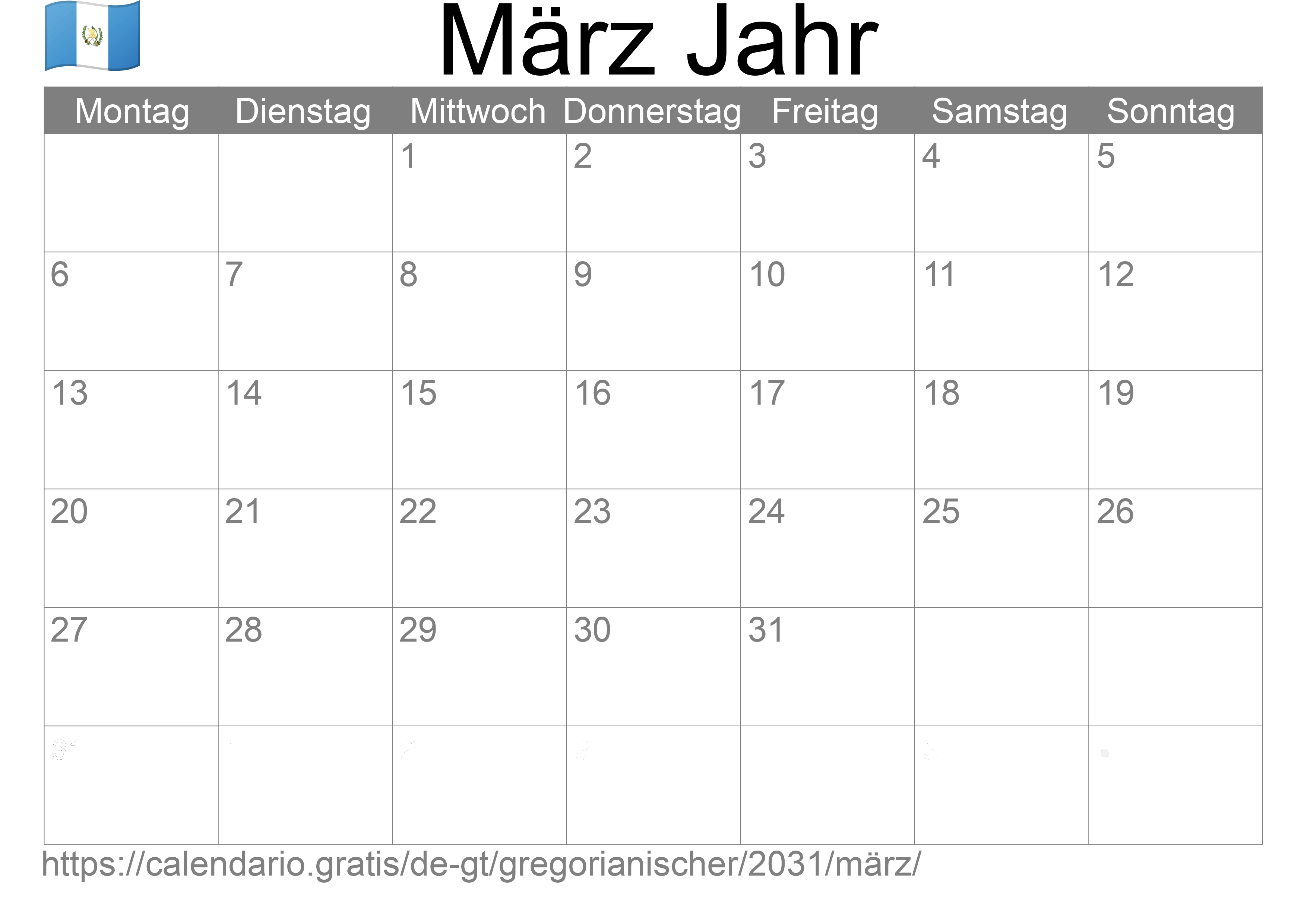 Kalender März 2031 zum Ausdrucken