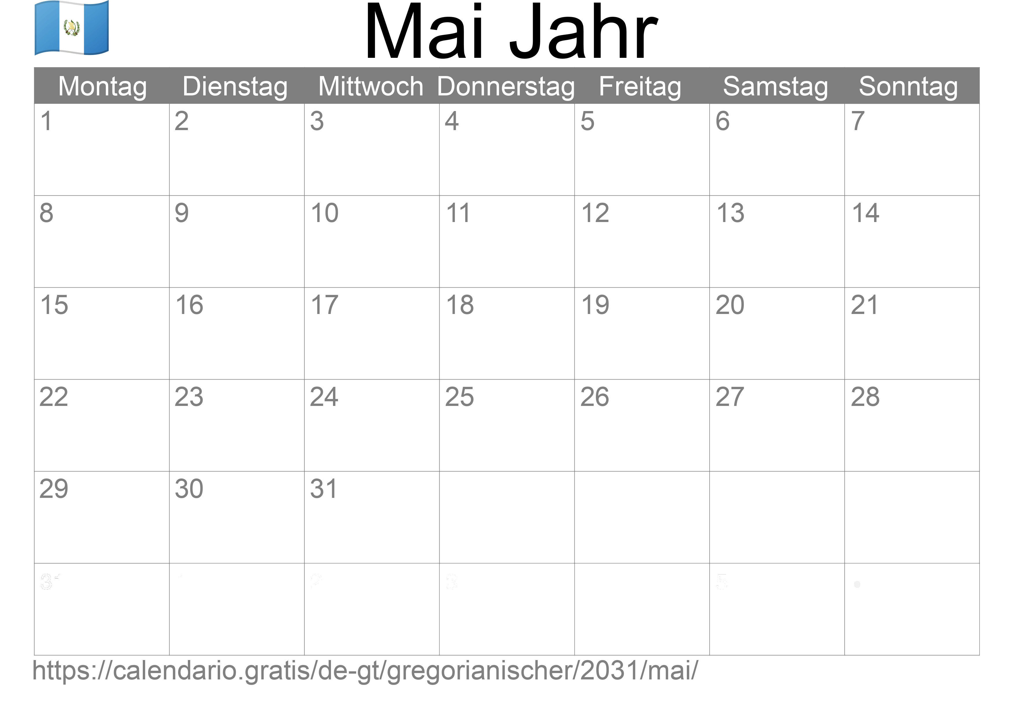 Kalender Mai 2031 zum Ausdrucken