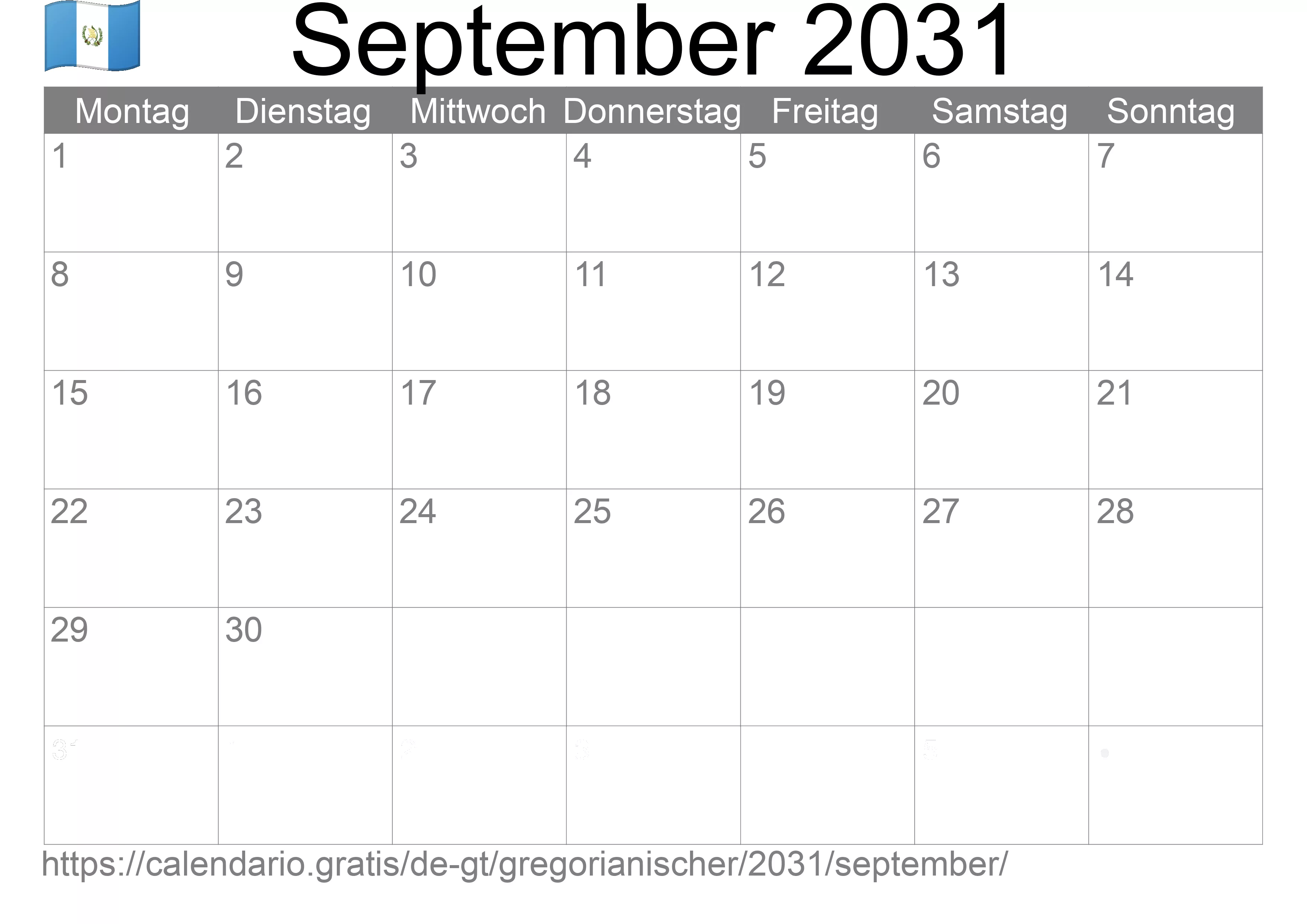 Kalender September 2031 zum Ausdrucken (Guatemala)
