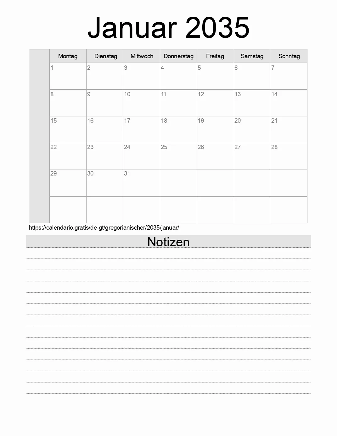 Kalender für Januar 2035 zum Drucken mit Notizen. (Guatemala)