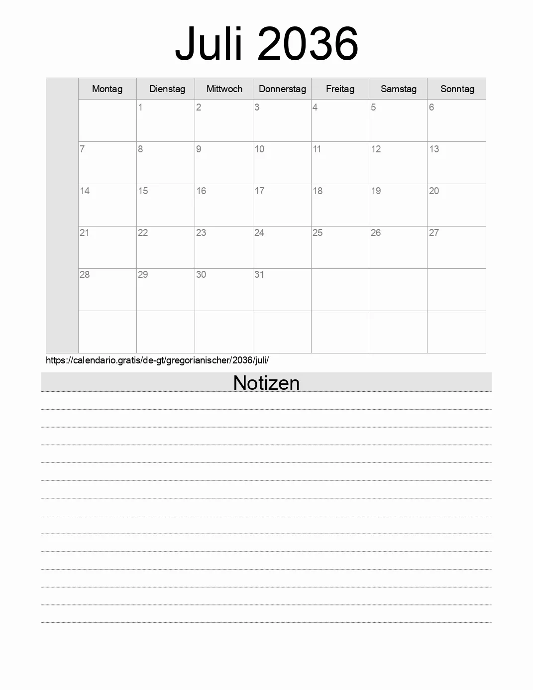 Kalender für Juli 2036 zum Drucken mit Notizen. (Guatemala)