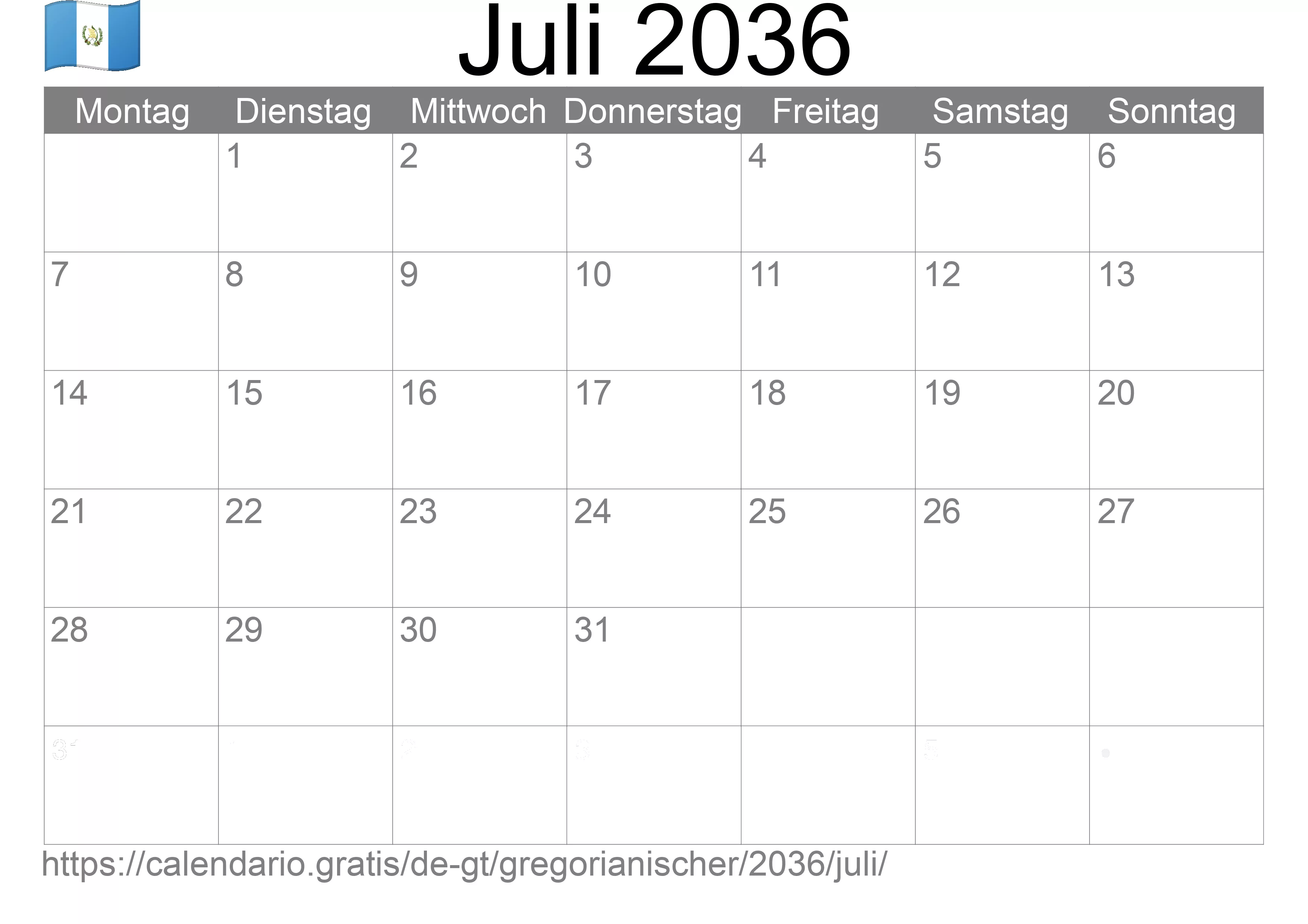 Kalender Juli 2036 zum Ausdrucken (Guatemala)