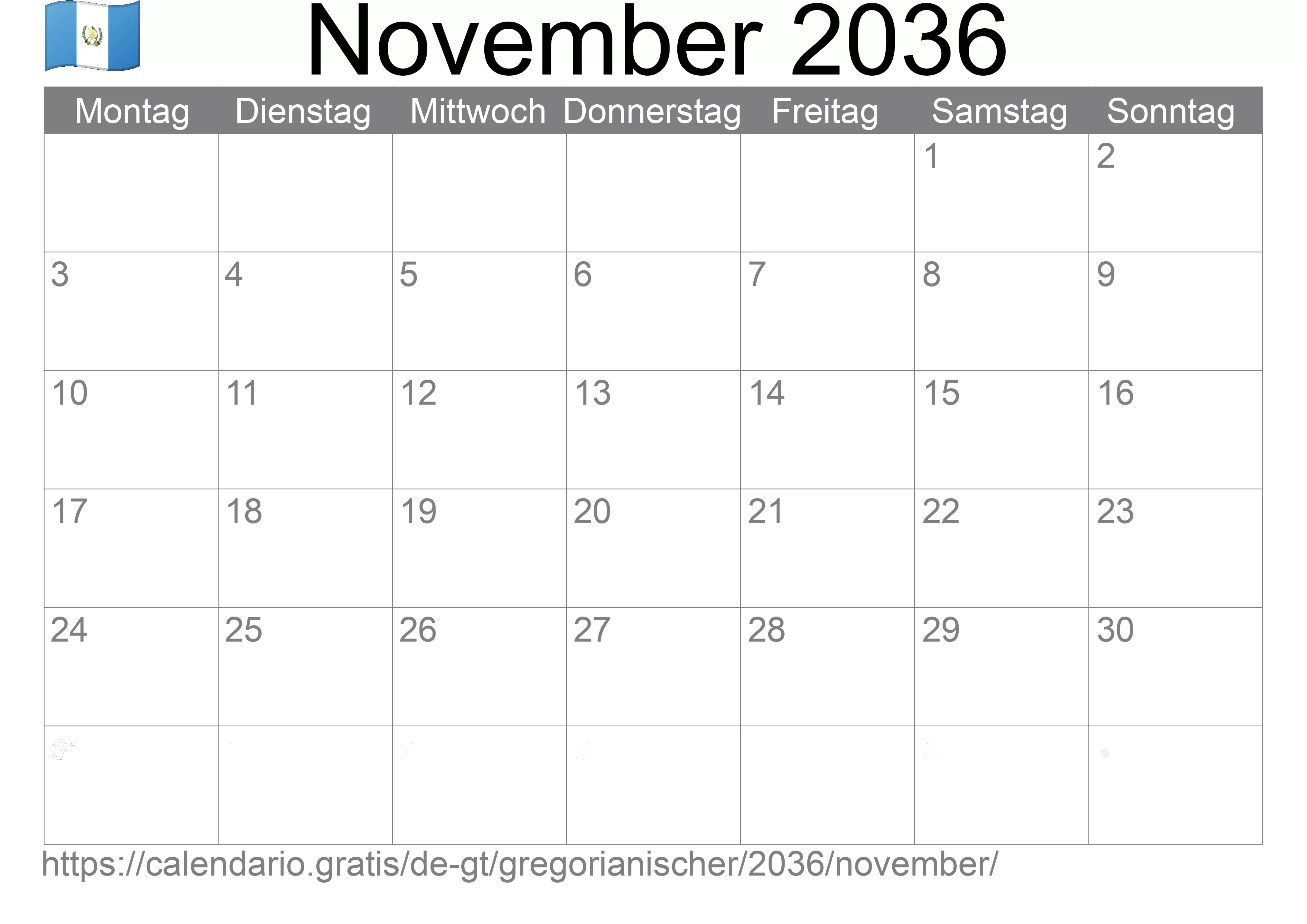 Kalender November 2036 zum Ausdrucken (Guatemala)