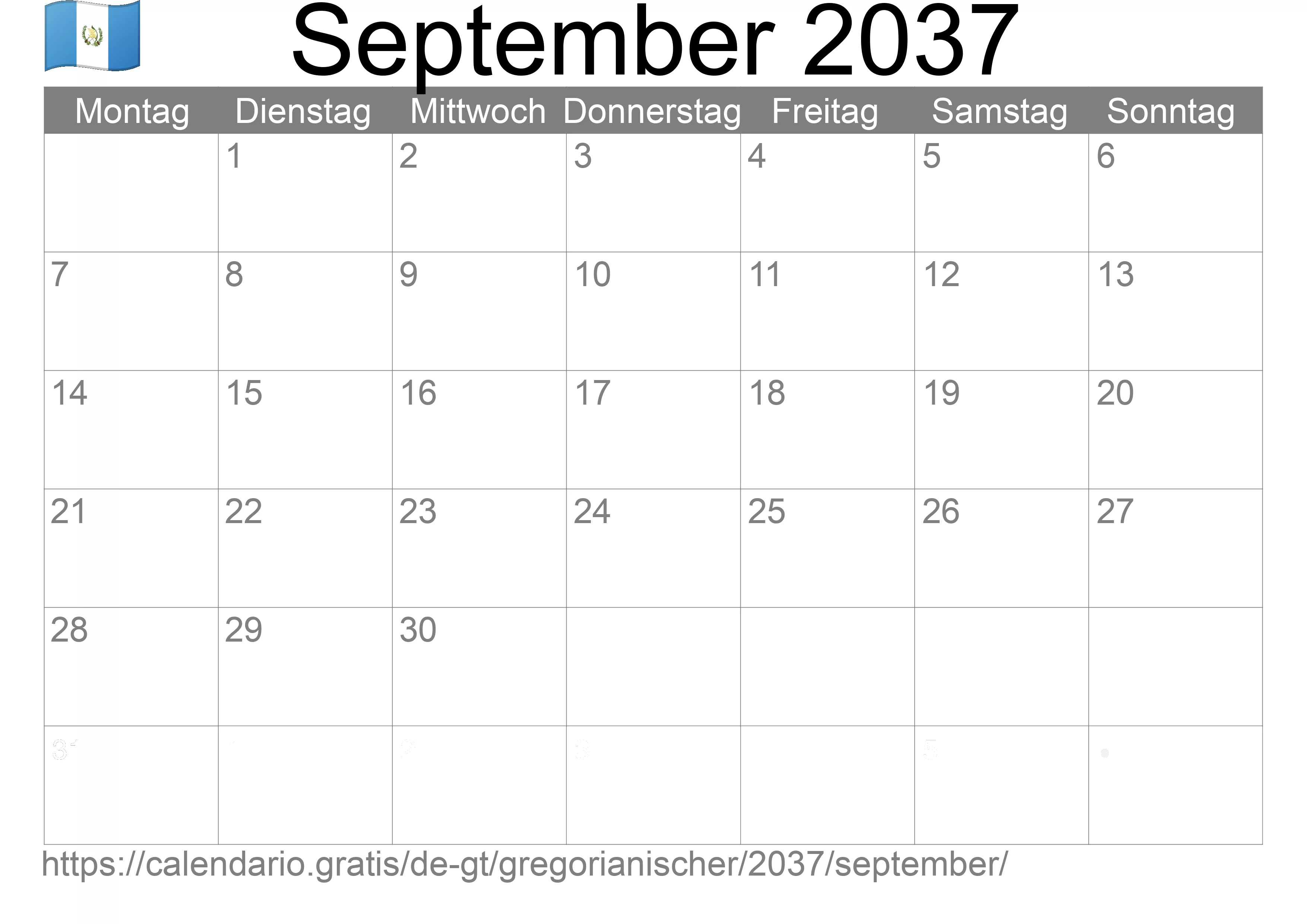 Kalender September 2037 zum Ausdrucken (Guatemala)
