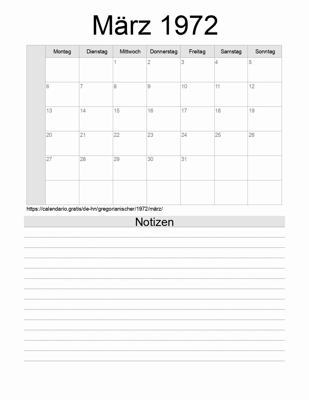 Kalender für März 1972 zum Drucken mit Notizen. (Honduras) Kalender für März 1972 zum Drucken mit Notizen. (Honduras)