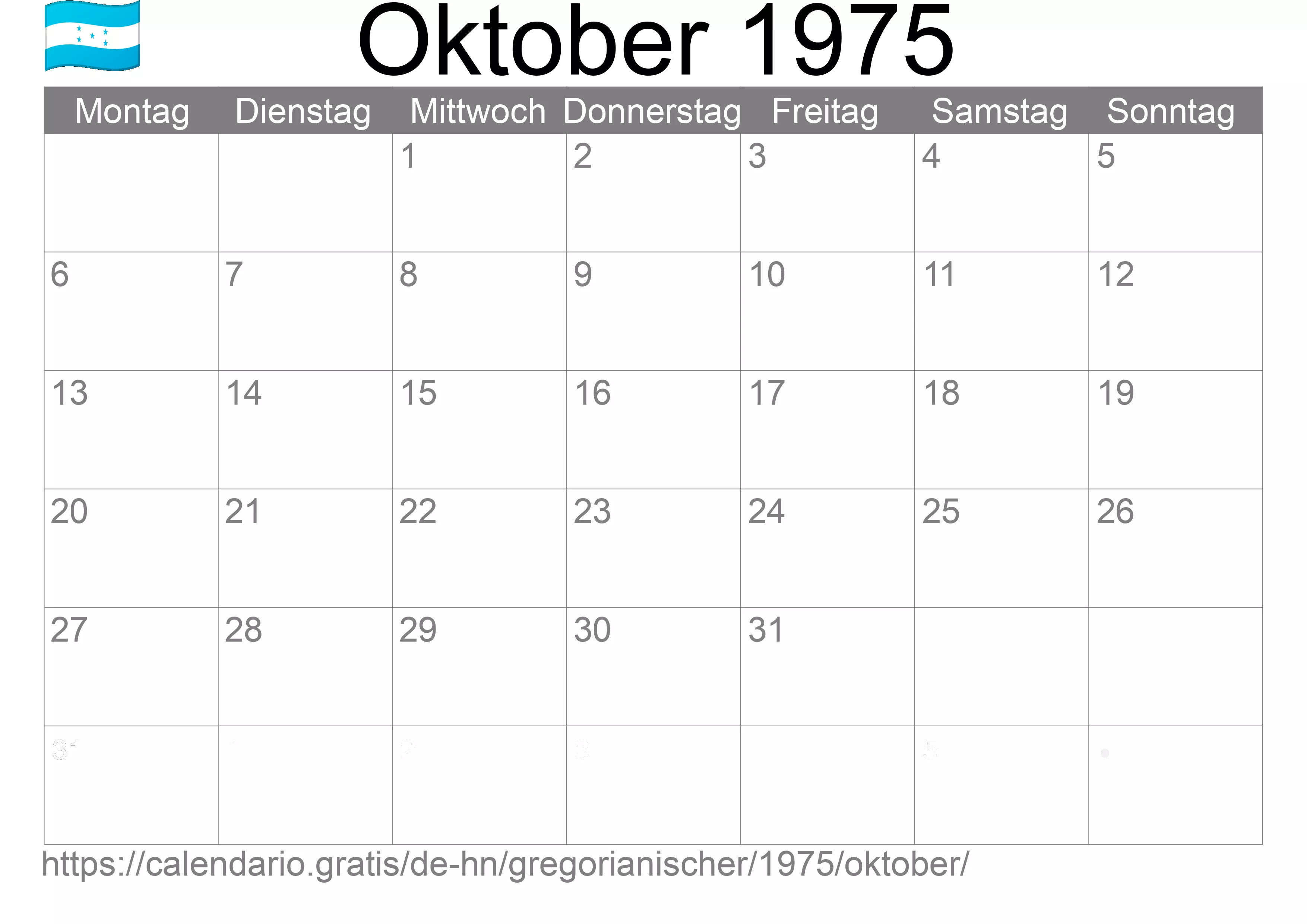 Kalender Oktober 1975 zum Ausdrucken (Honduras)