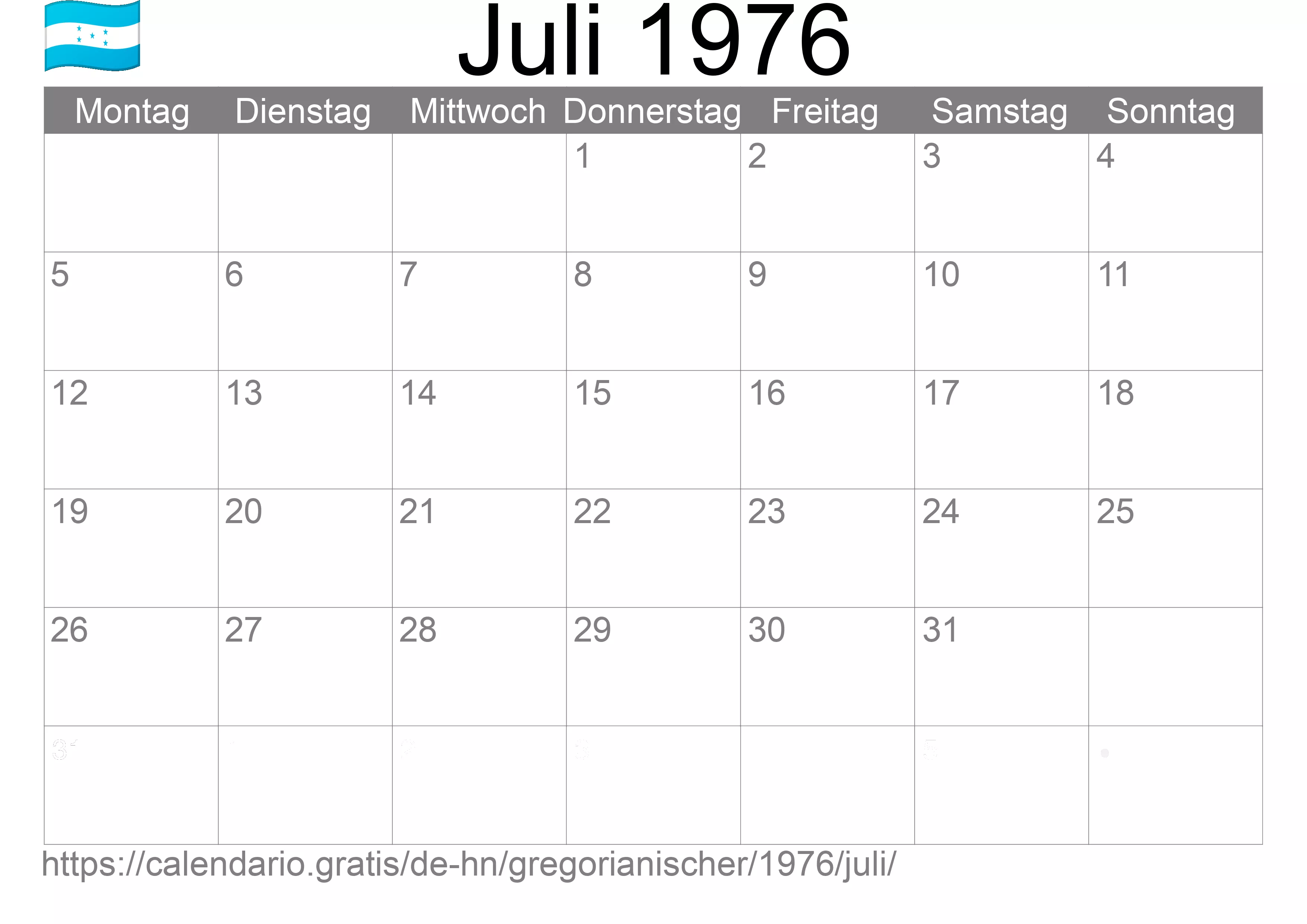 Kalender Juli 1976 zum Ausdrucken (Honduras)