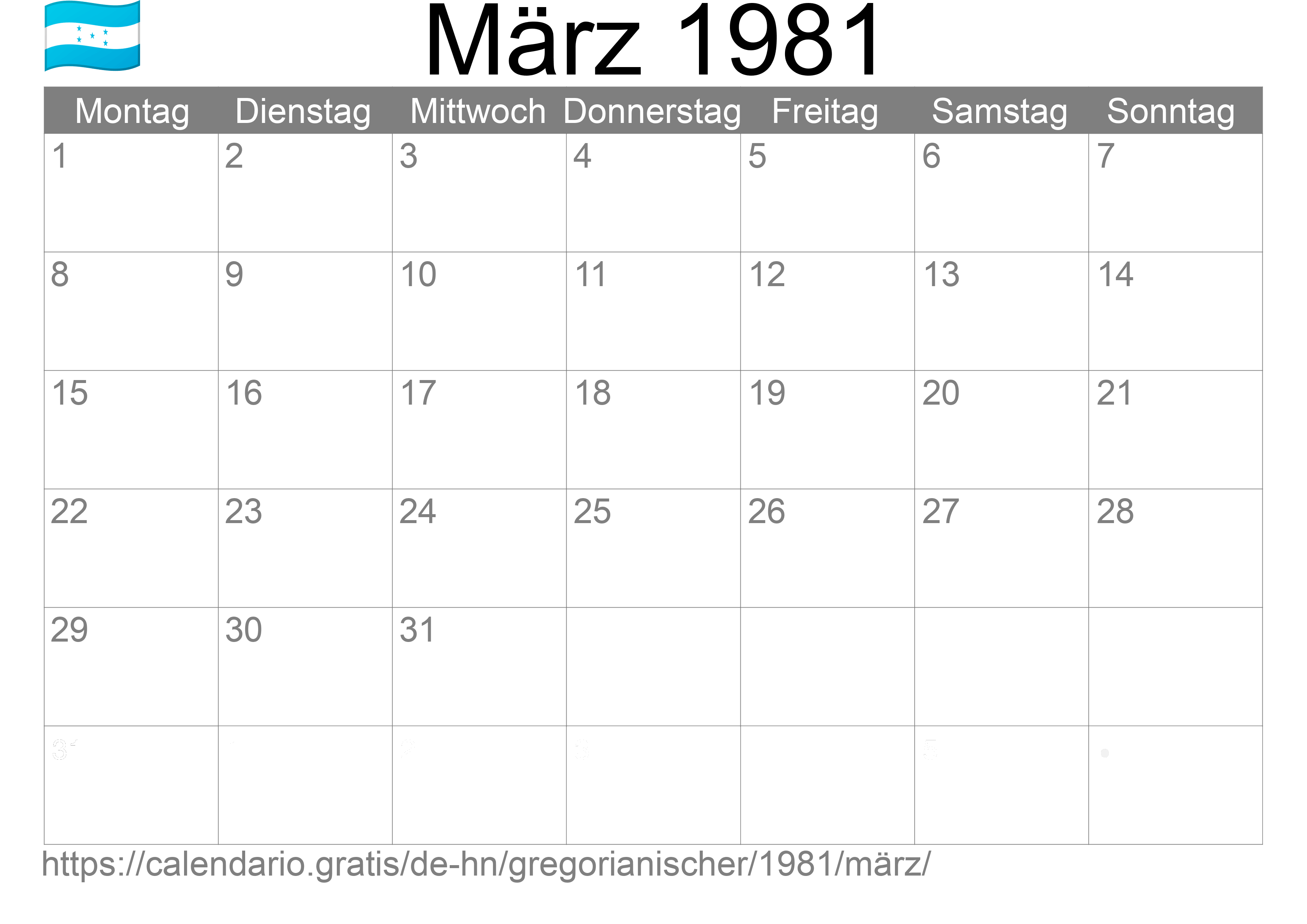 Kalender März 1981 zum Ausdrucken