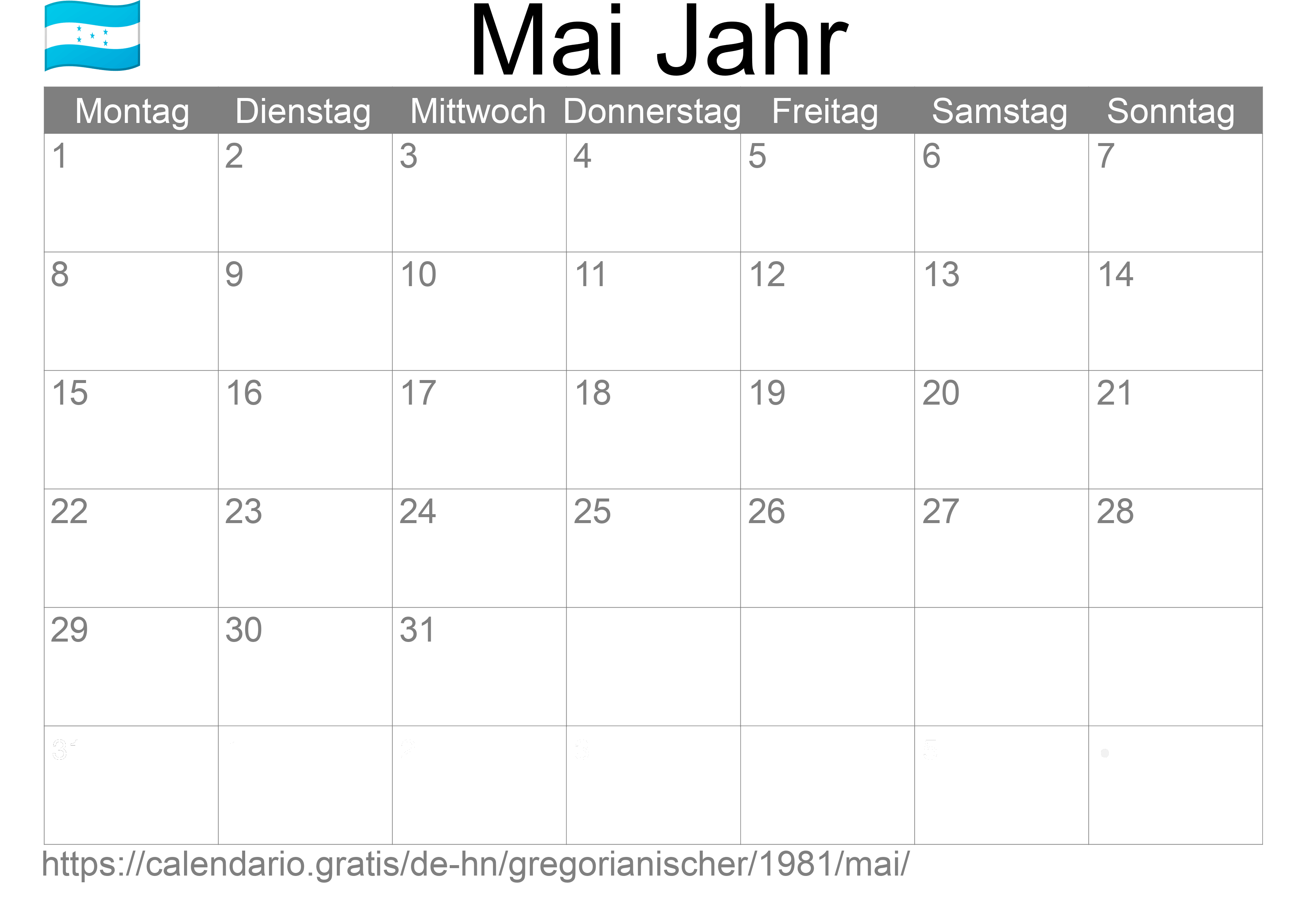 Kalender Mai 1981 zum Ausdrucken