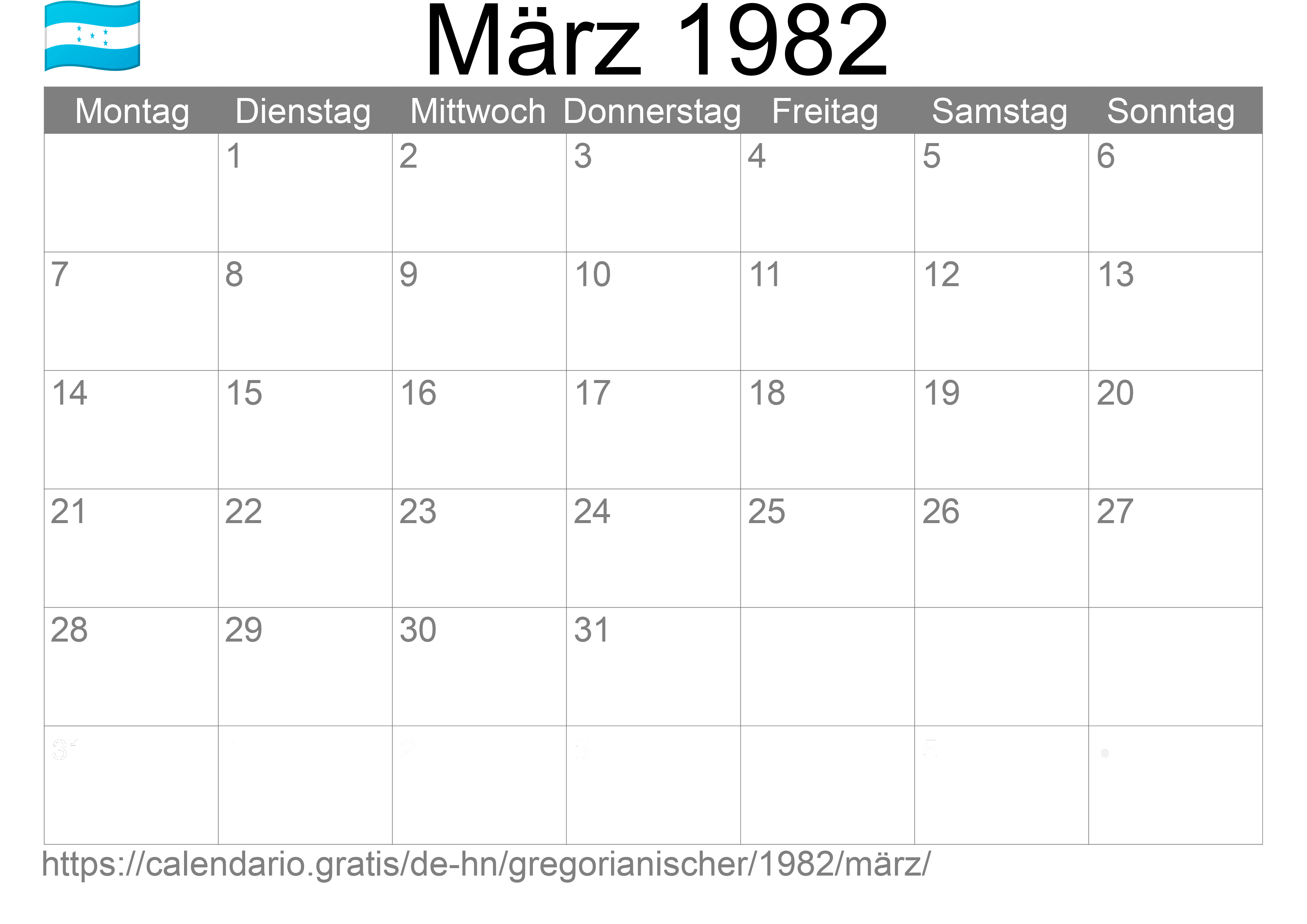 Kalender März 1982 zum Ausdrucken