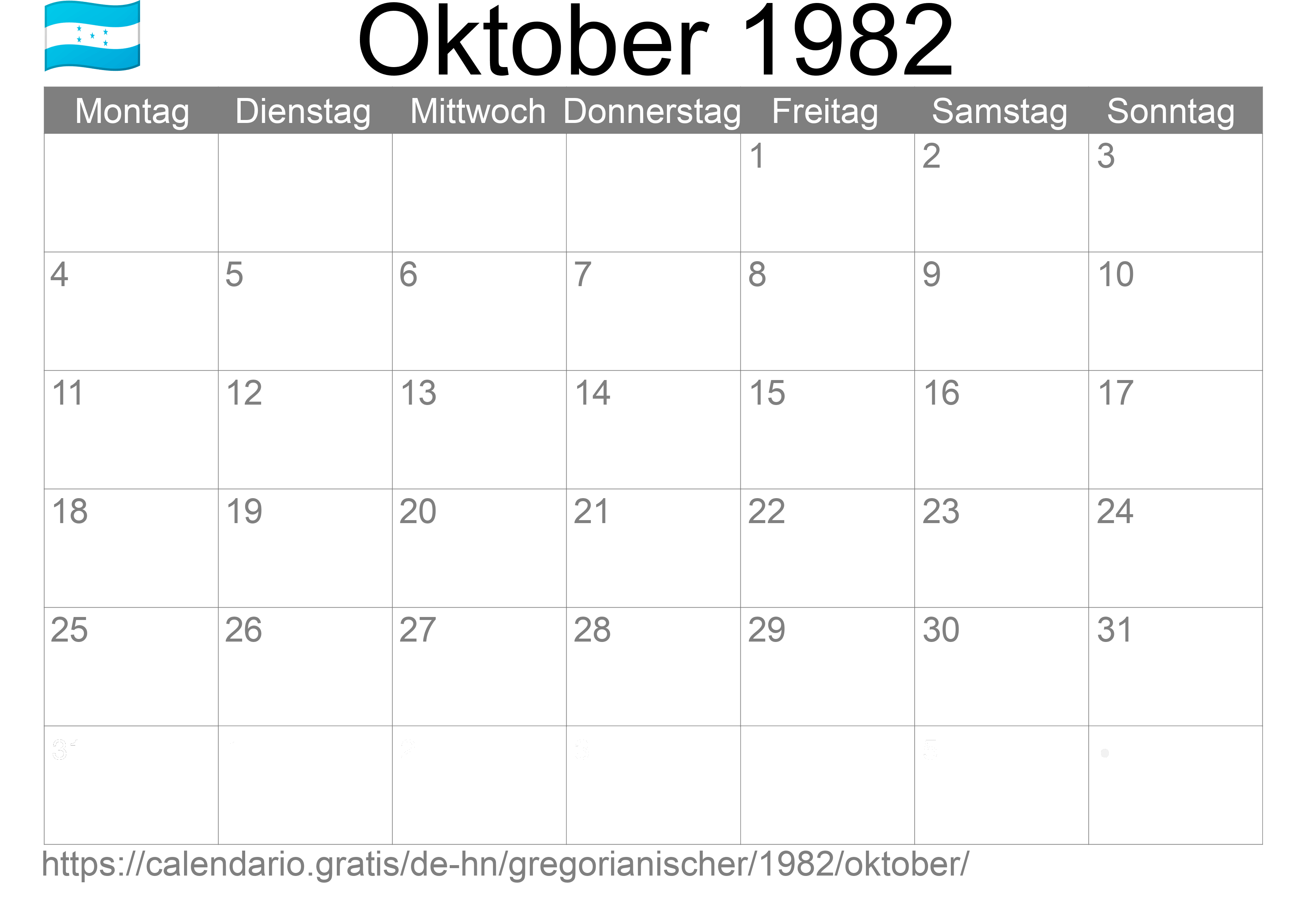 Kalender Oktober 1982 zum Ausdrucken