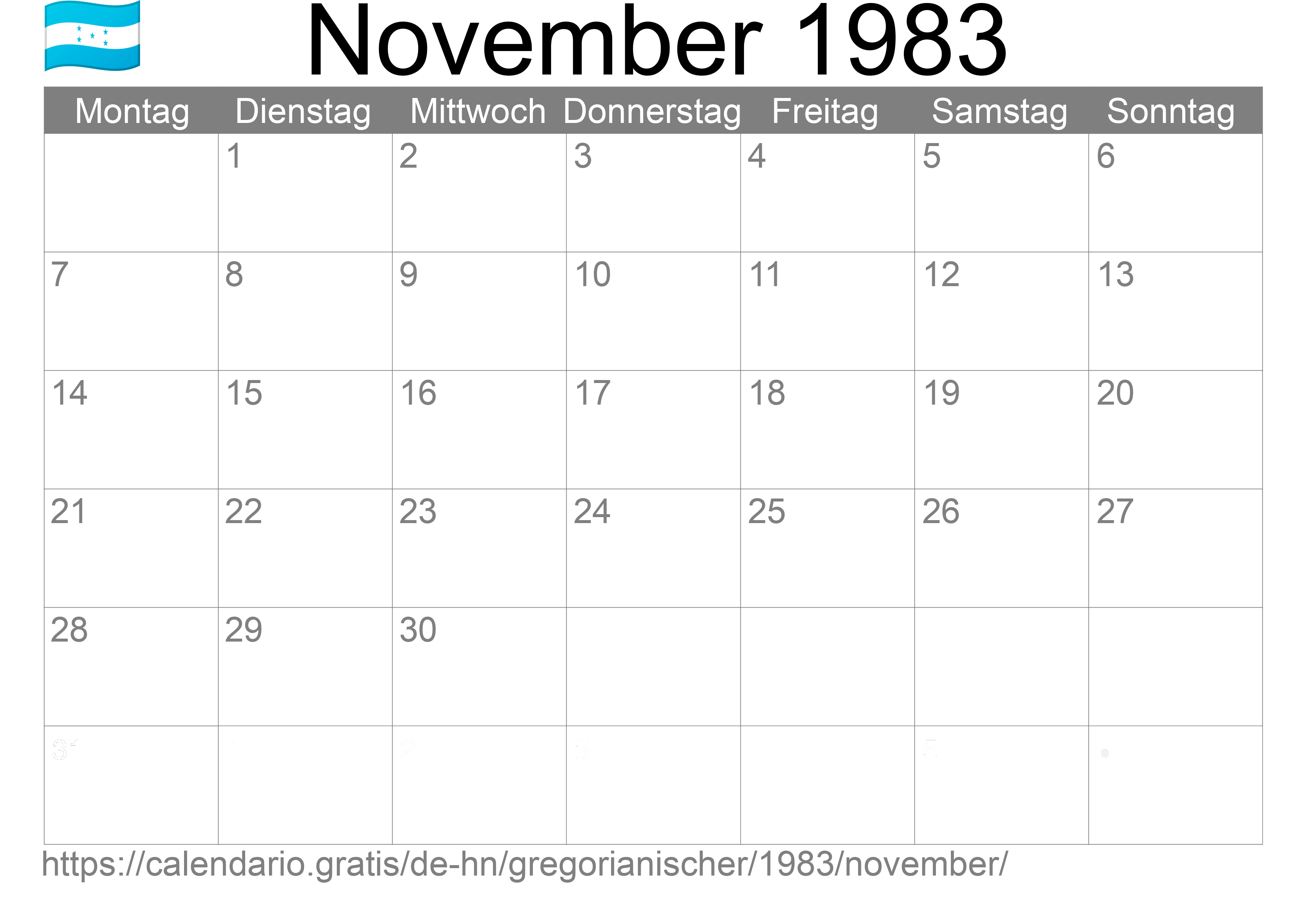 Kalender November 1983 zum Ausdrucken