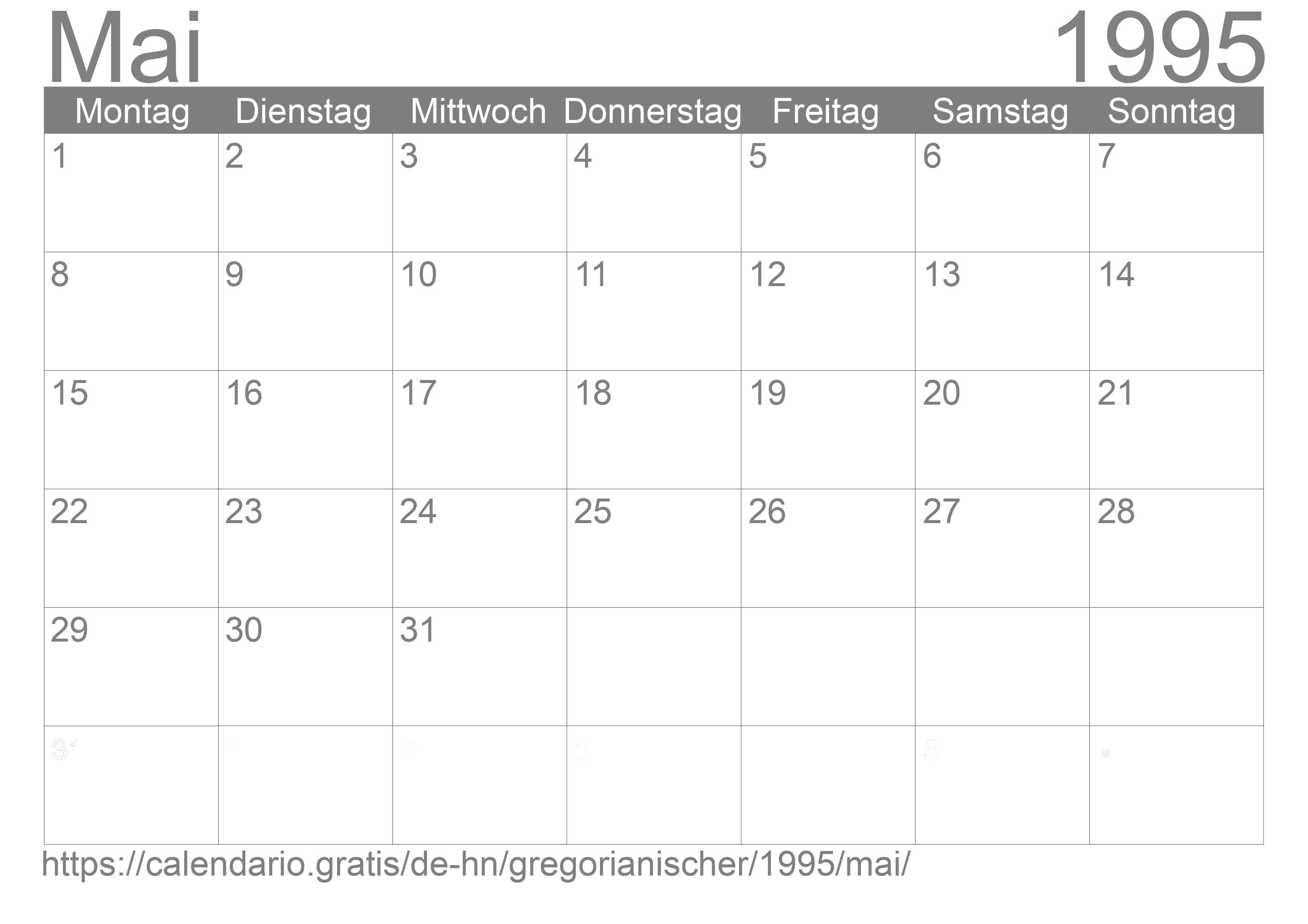 Kalender Mai 1995 zum Ausdrucken