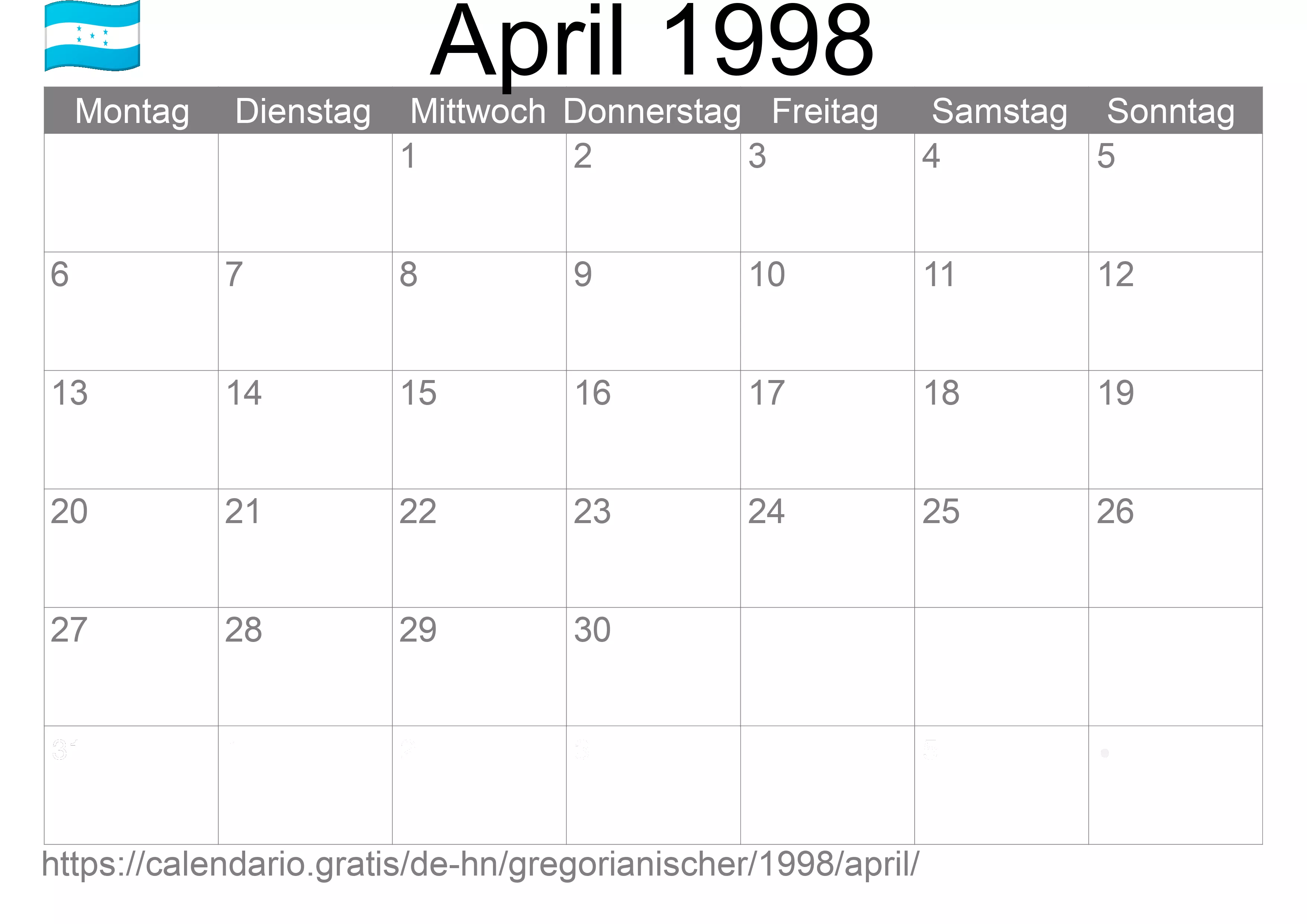 Kalender April 1998 zum Ausdrucken (Honduras) Kalender April 1998 zum Ausdrucken (Honduras)