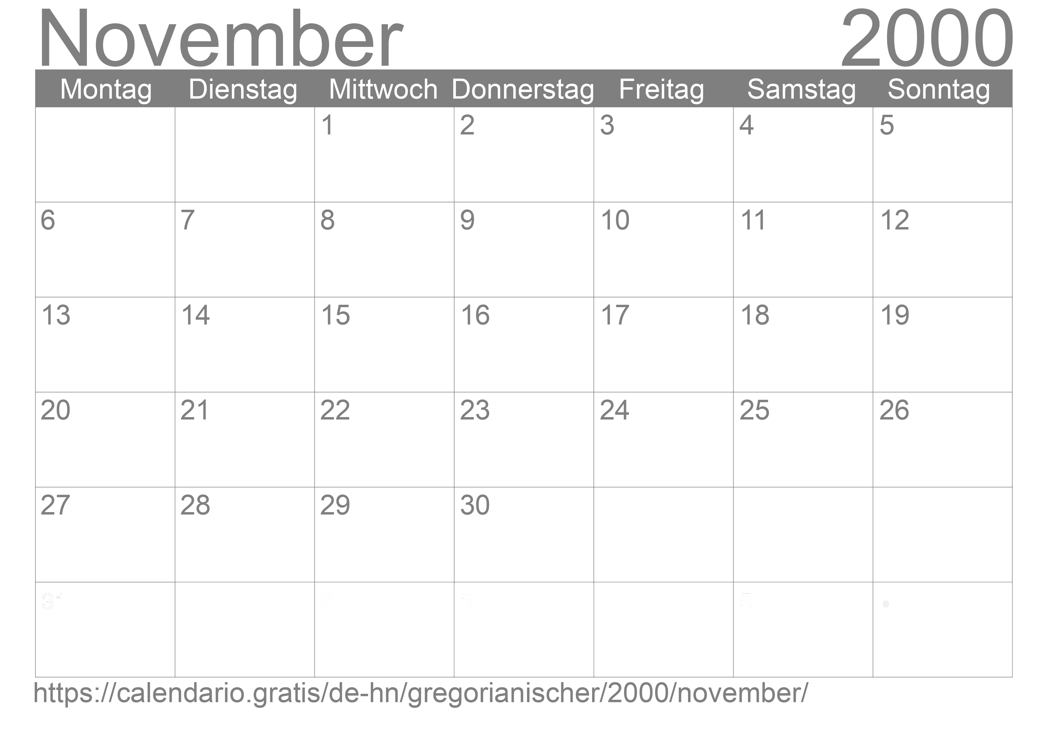 Kalender November 2000 zum Ausdrucken