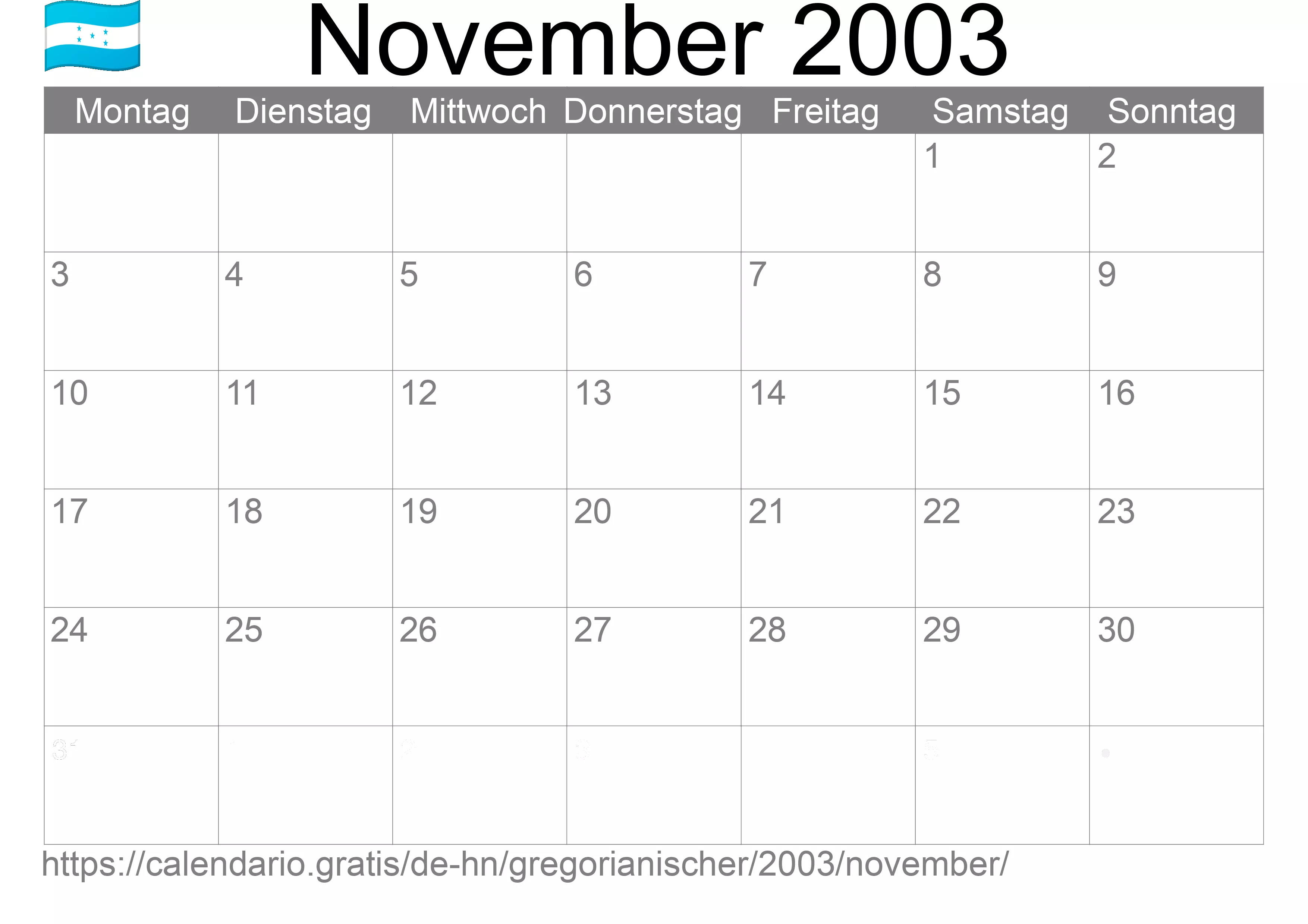 Kalender November 2003 zum Ausdrucken (Honduras)