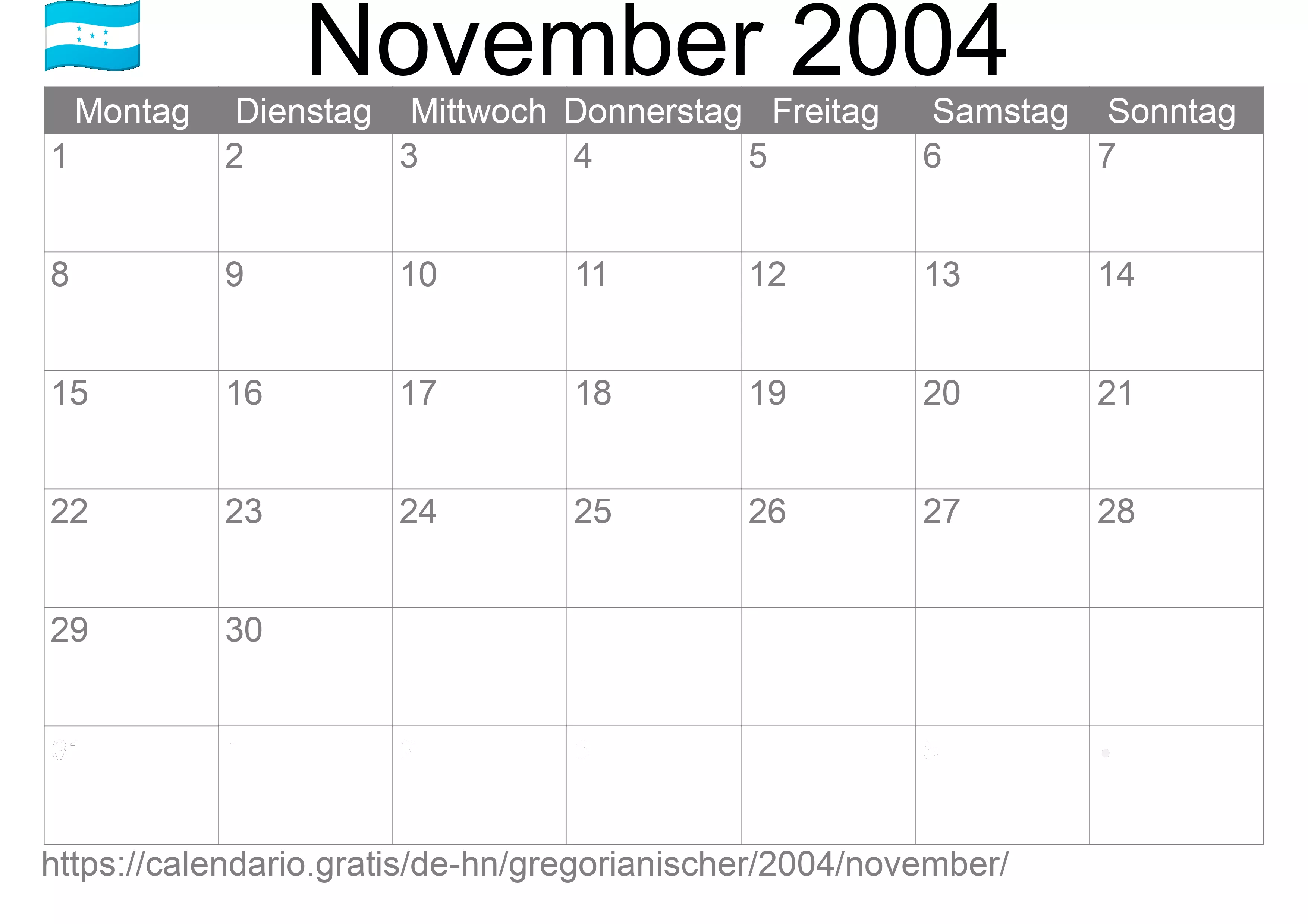 Kalender November 2004 zum Ausdrucken (Honduras)