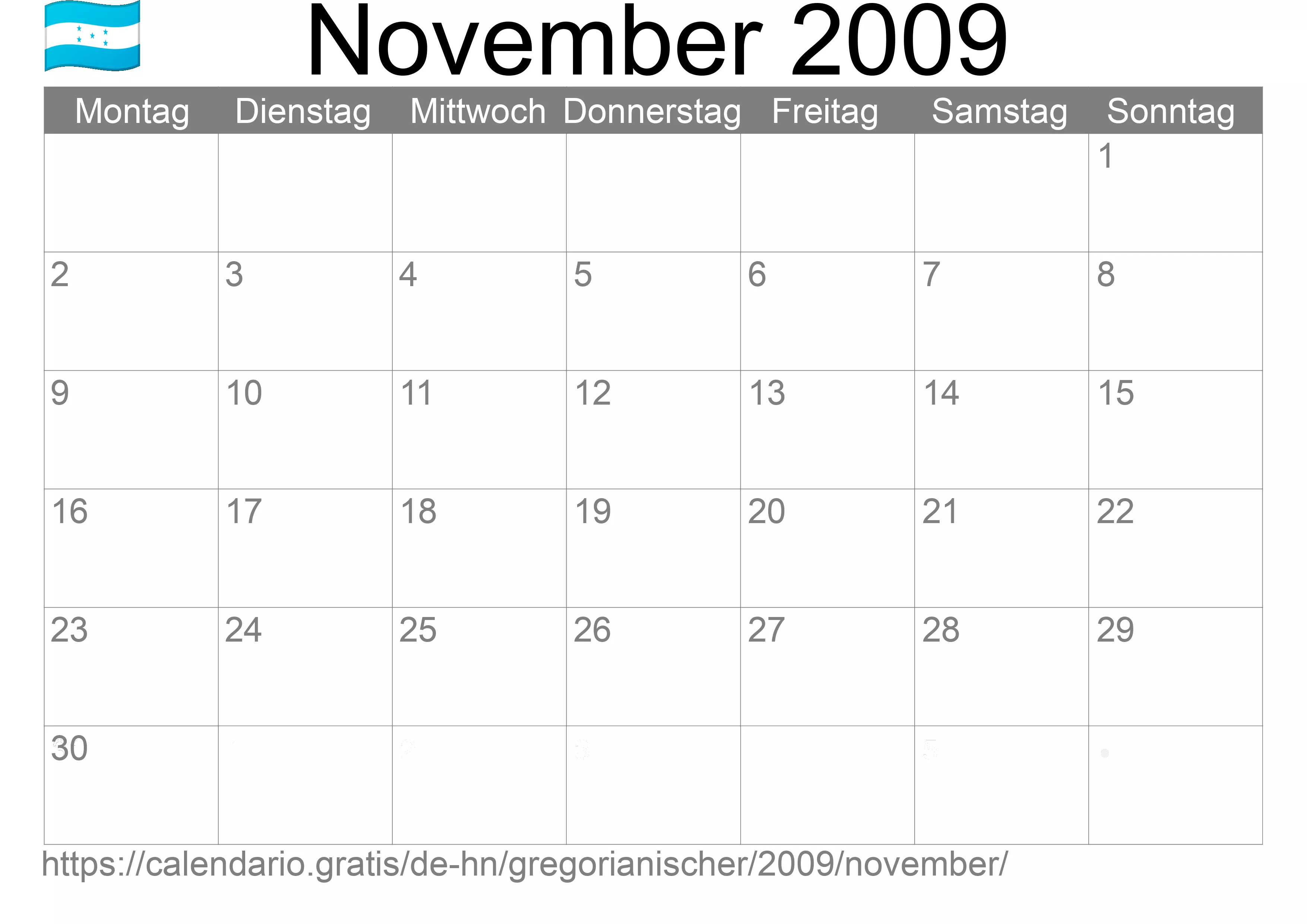 Kalender November 2009 zum Ausdrucken (Honduras)
