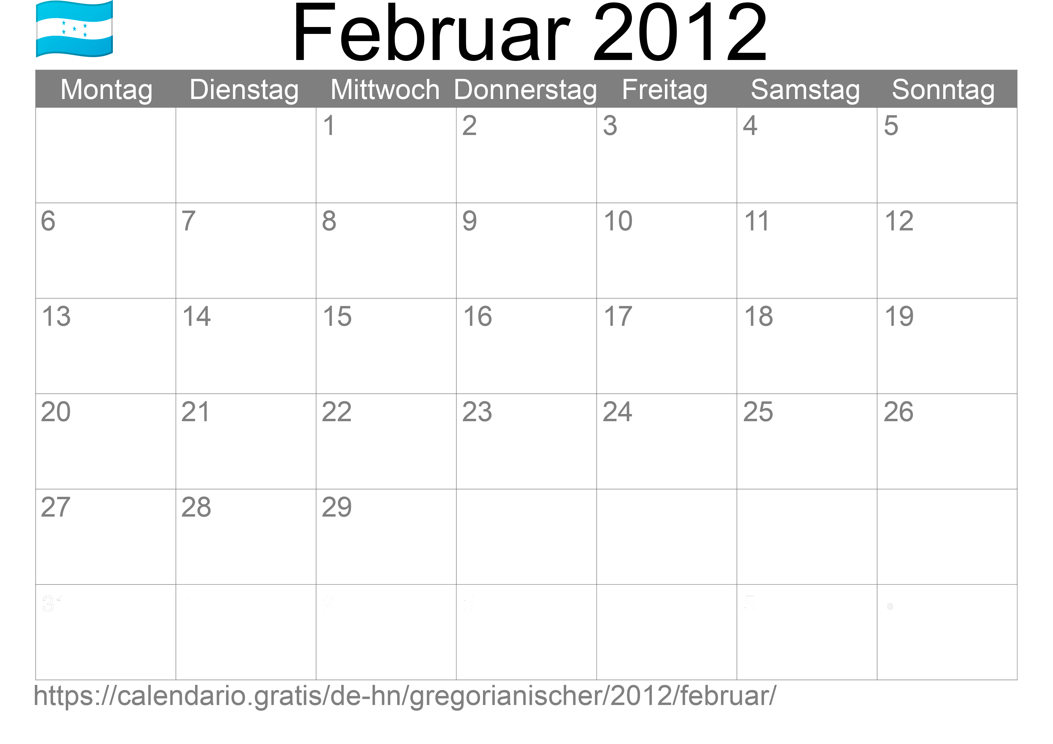 Kalender Februar 2012 zum Ausdrucken