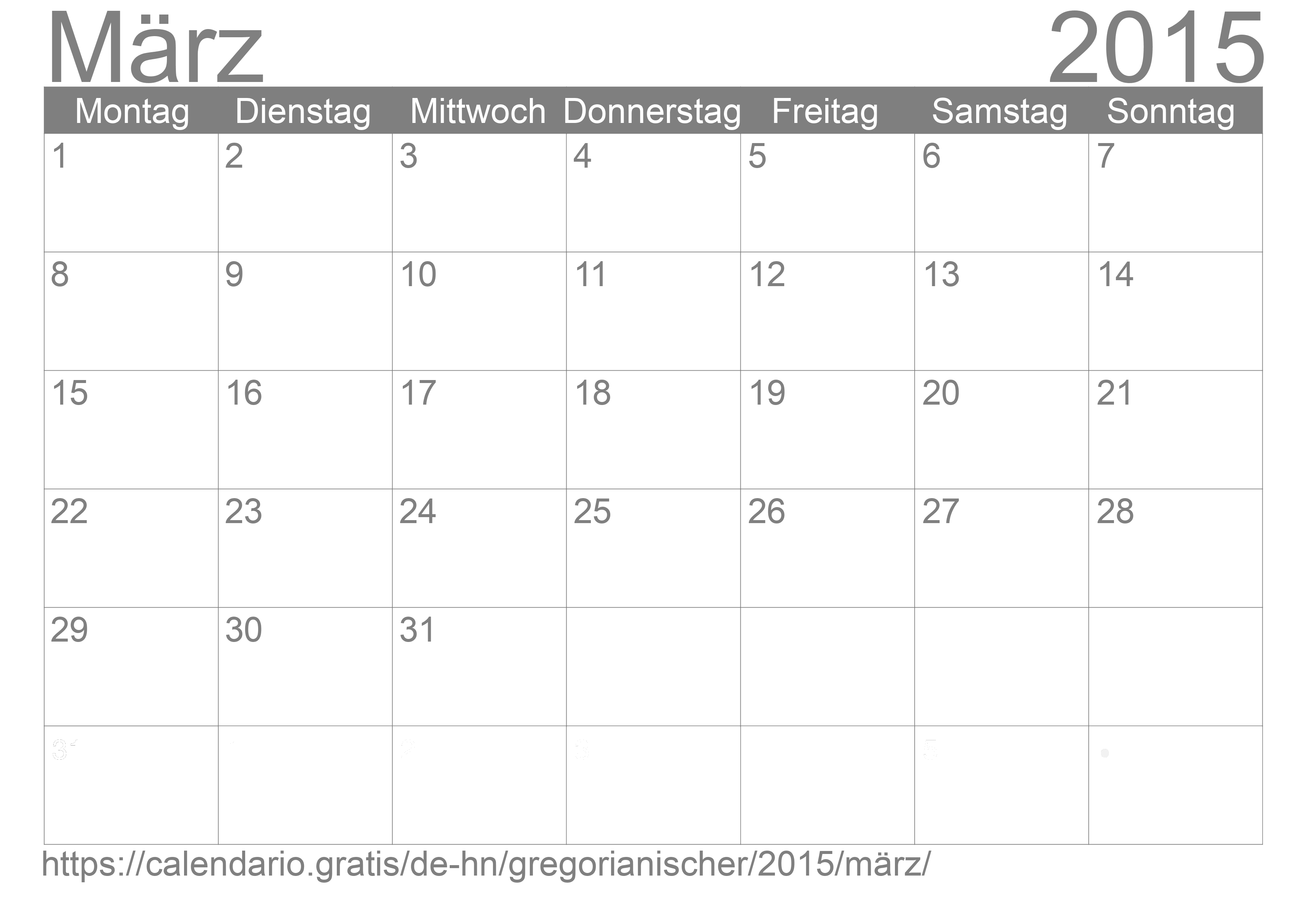 Kalender März 2015 zum Ausdrucken