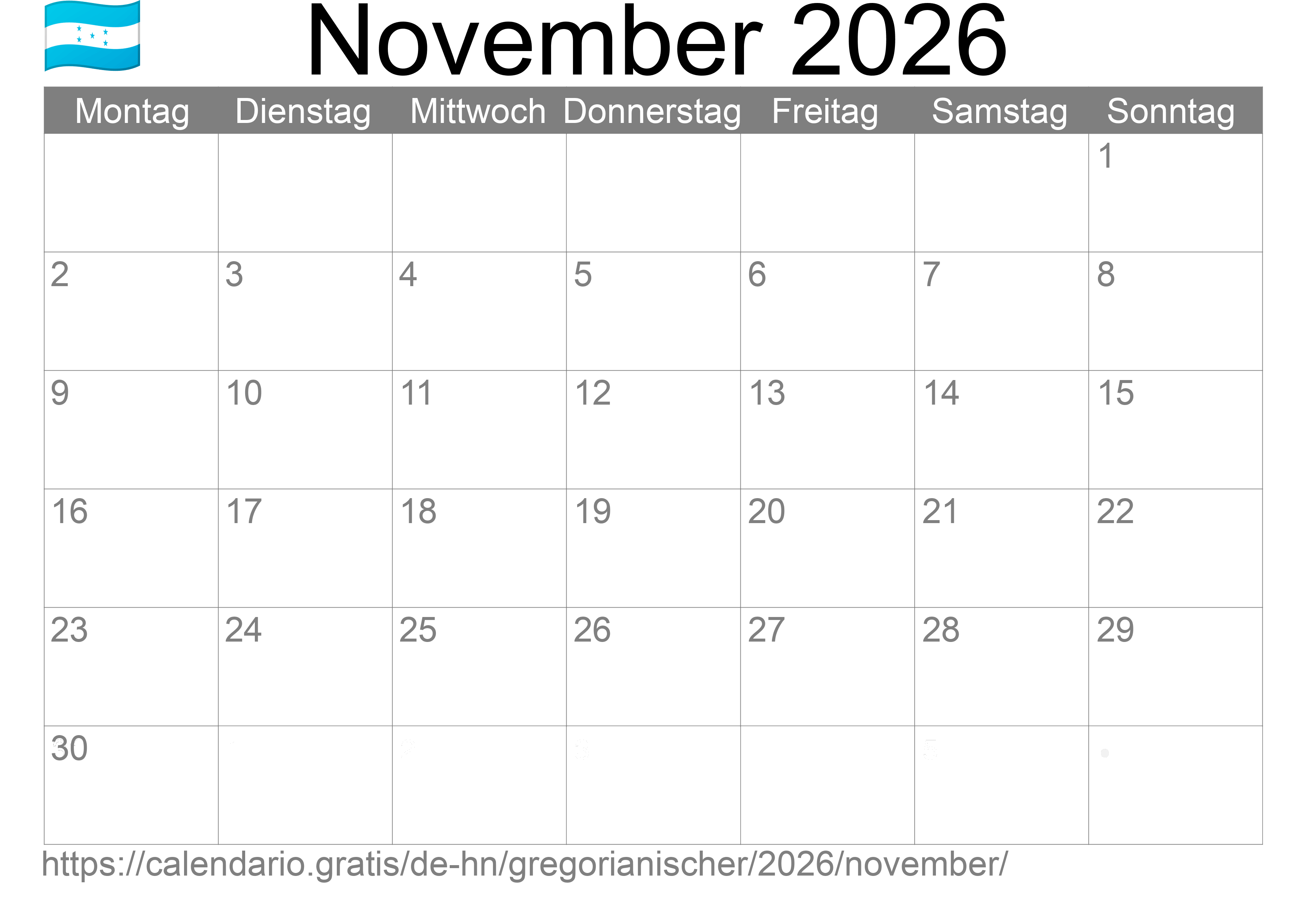 Kalender November 2026 zum Ausdrucken