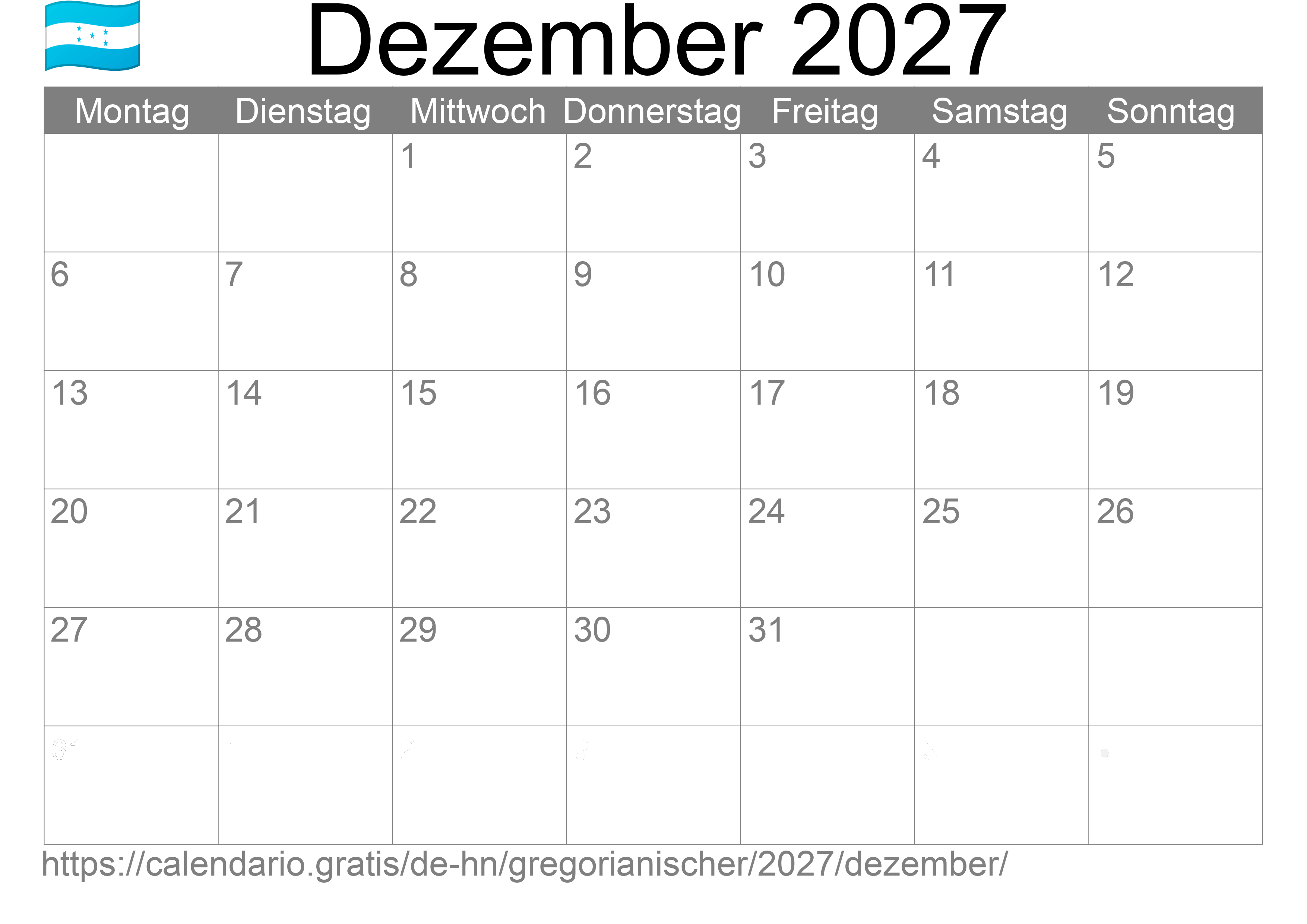 Kalender Dezember 2027 zum Ausdrucken