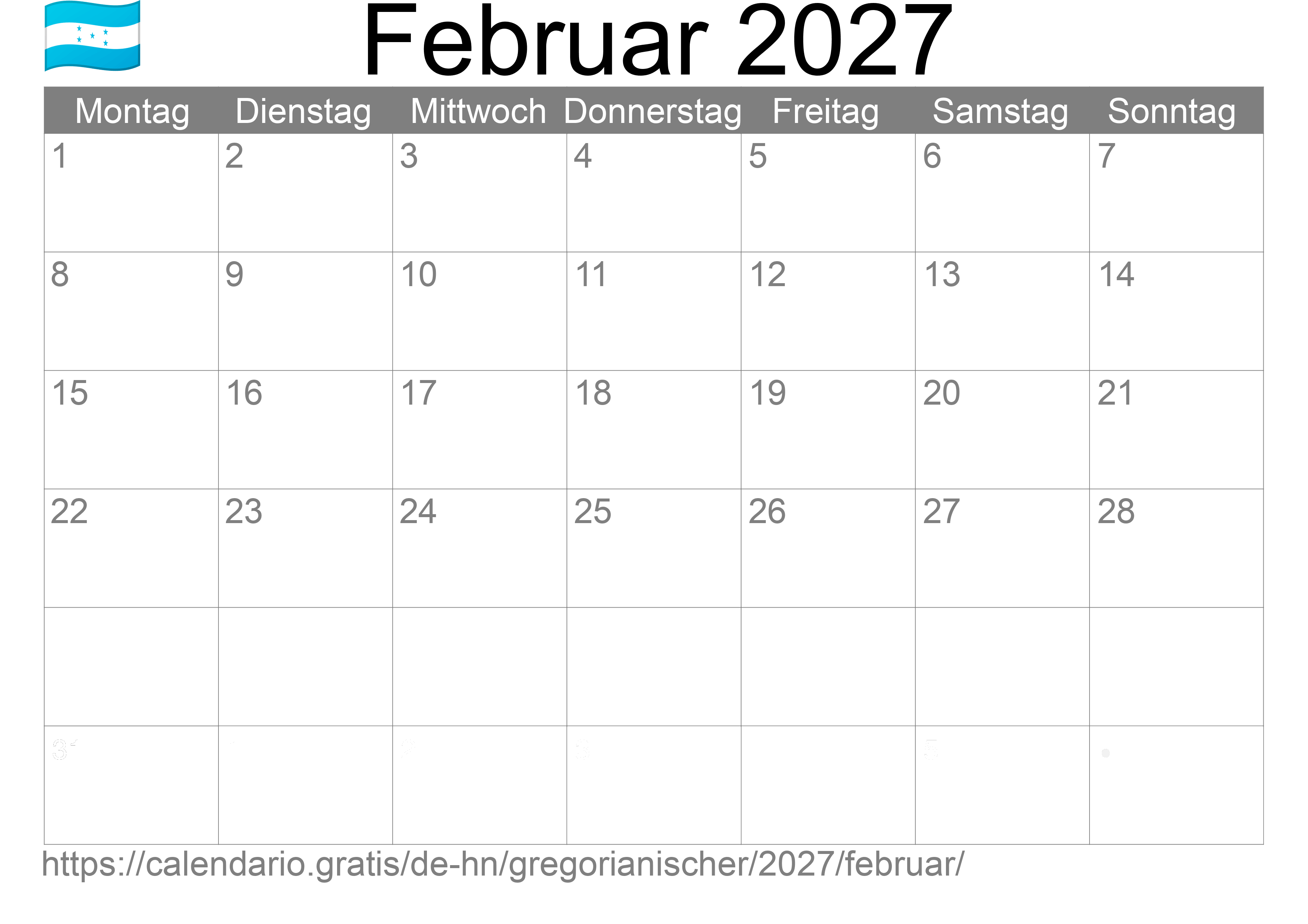 Kalender Februar 2027 zum Ausdrucken