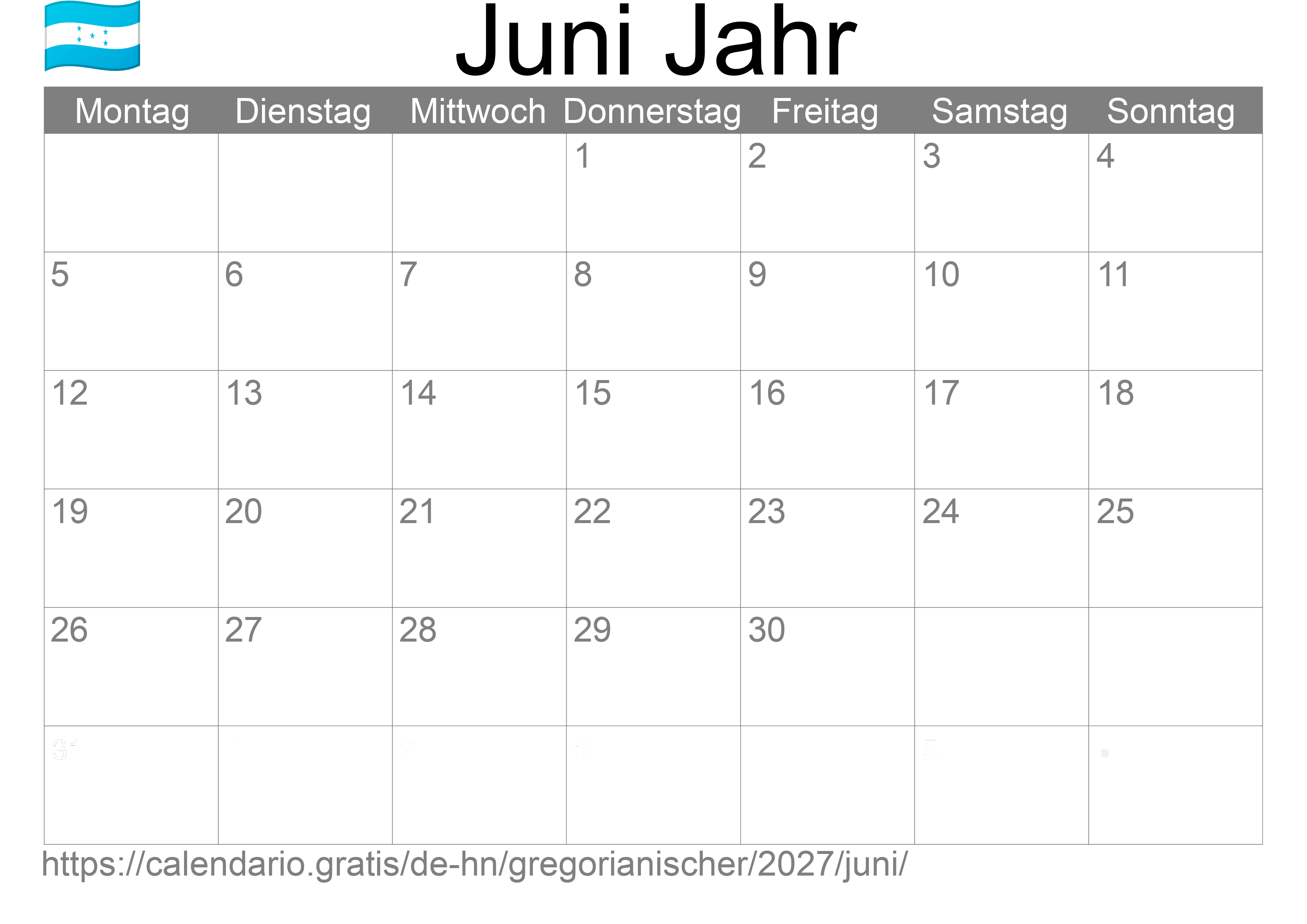 Kalender Juni 2027 zum Ausdrucken