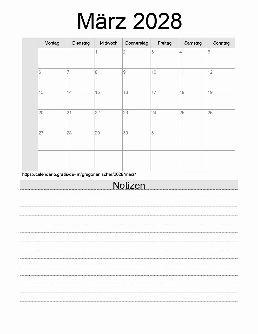 Kalender für März 2028 zum Drucken mit Notizen. (Honduras)