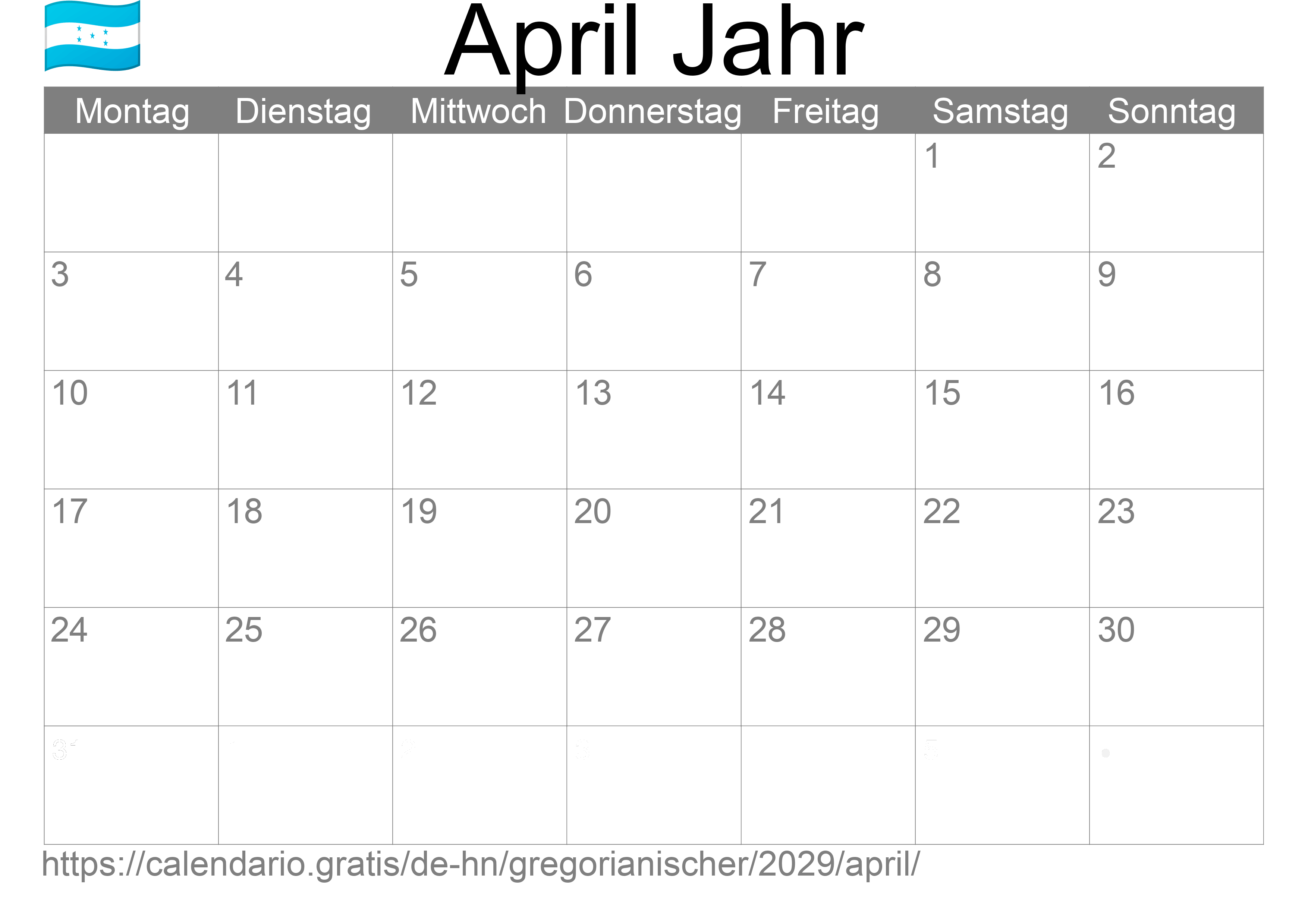 Kalender April 2029 zum Ausdrucken