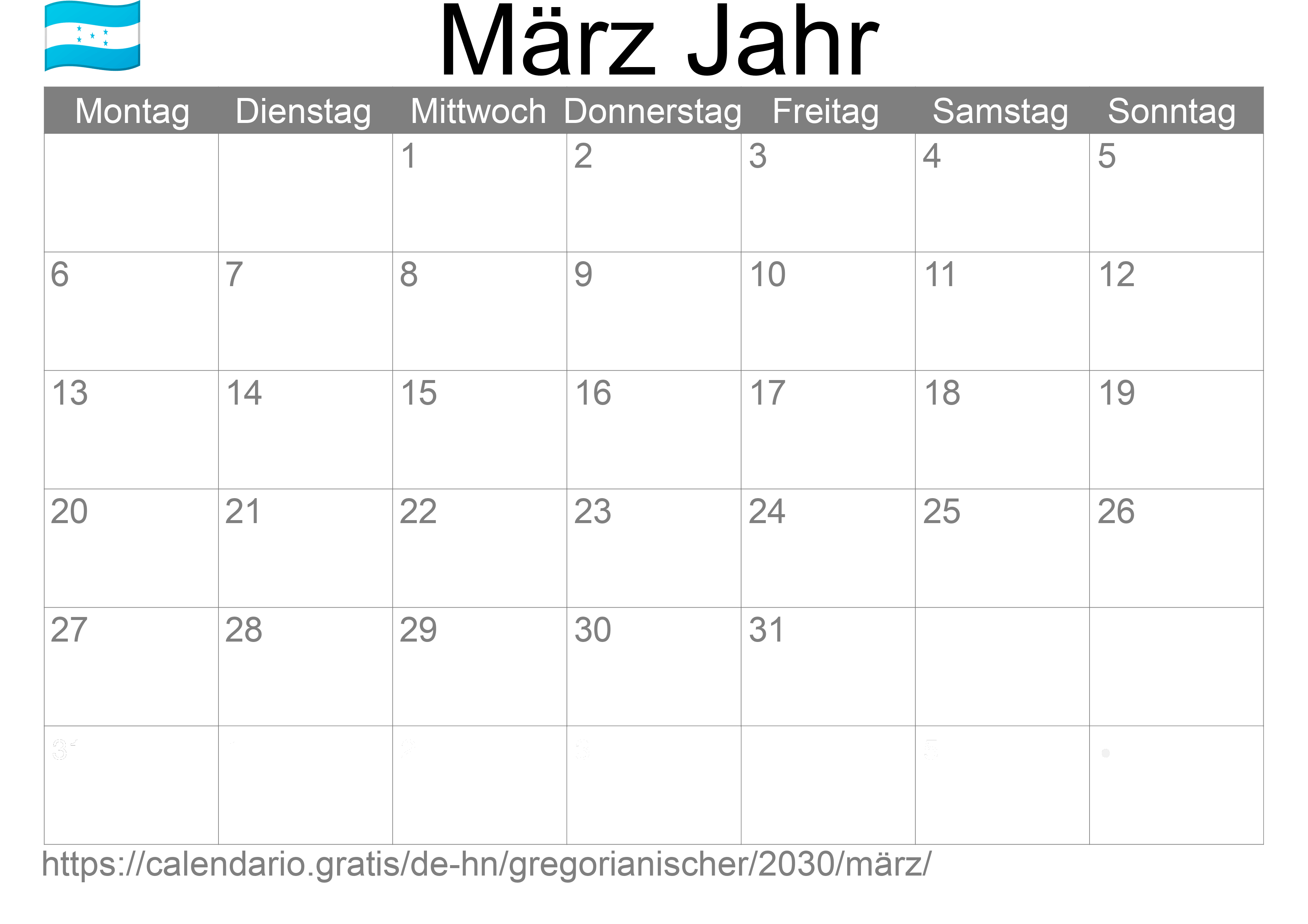 Kalender März 2030 zum Ausdrucken