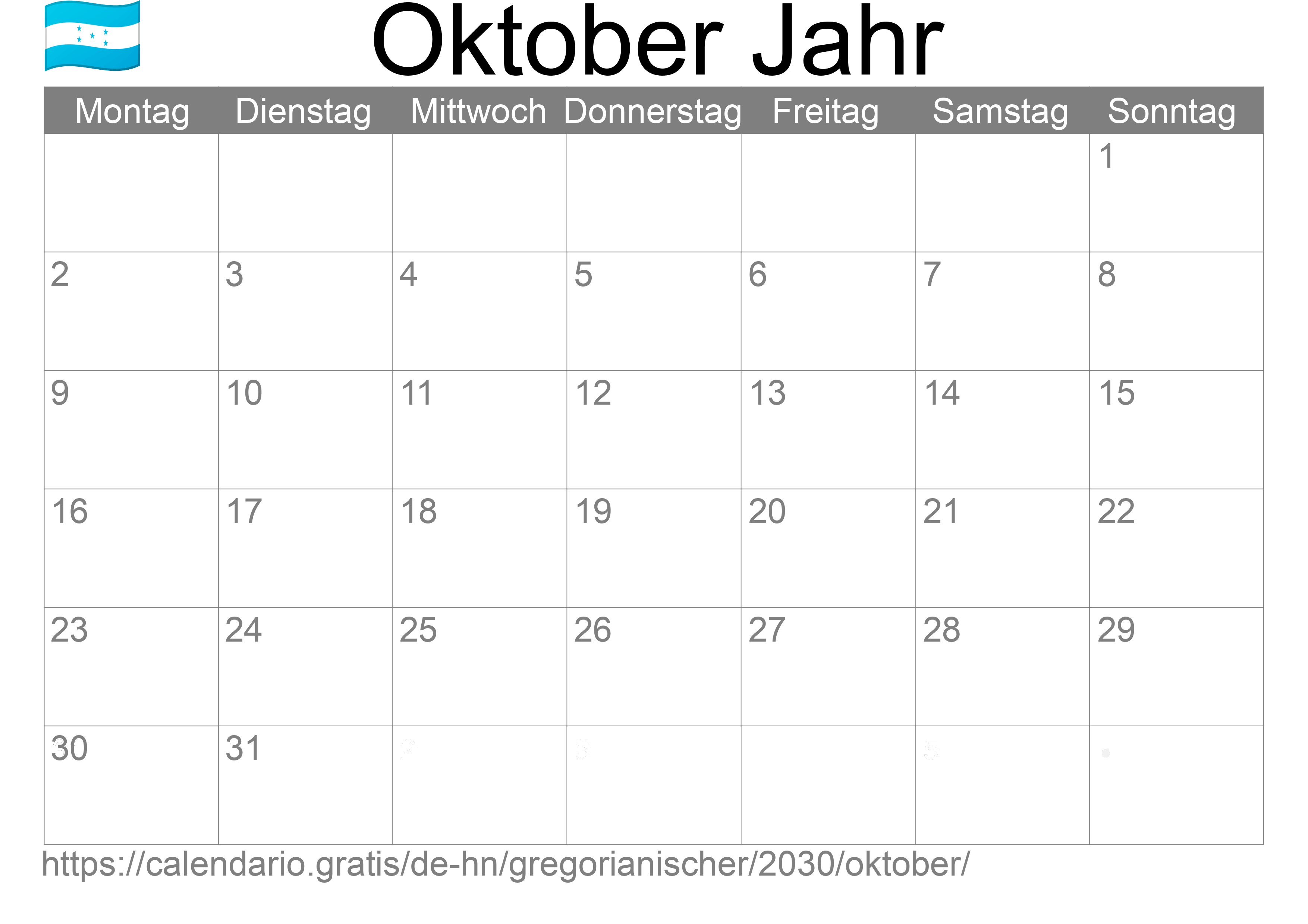 Kalender Oktober 2030 zum Ausdrucken