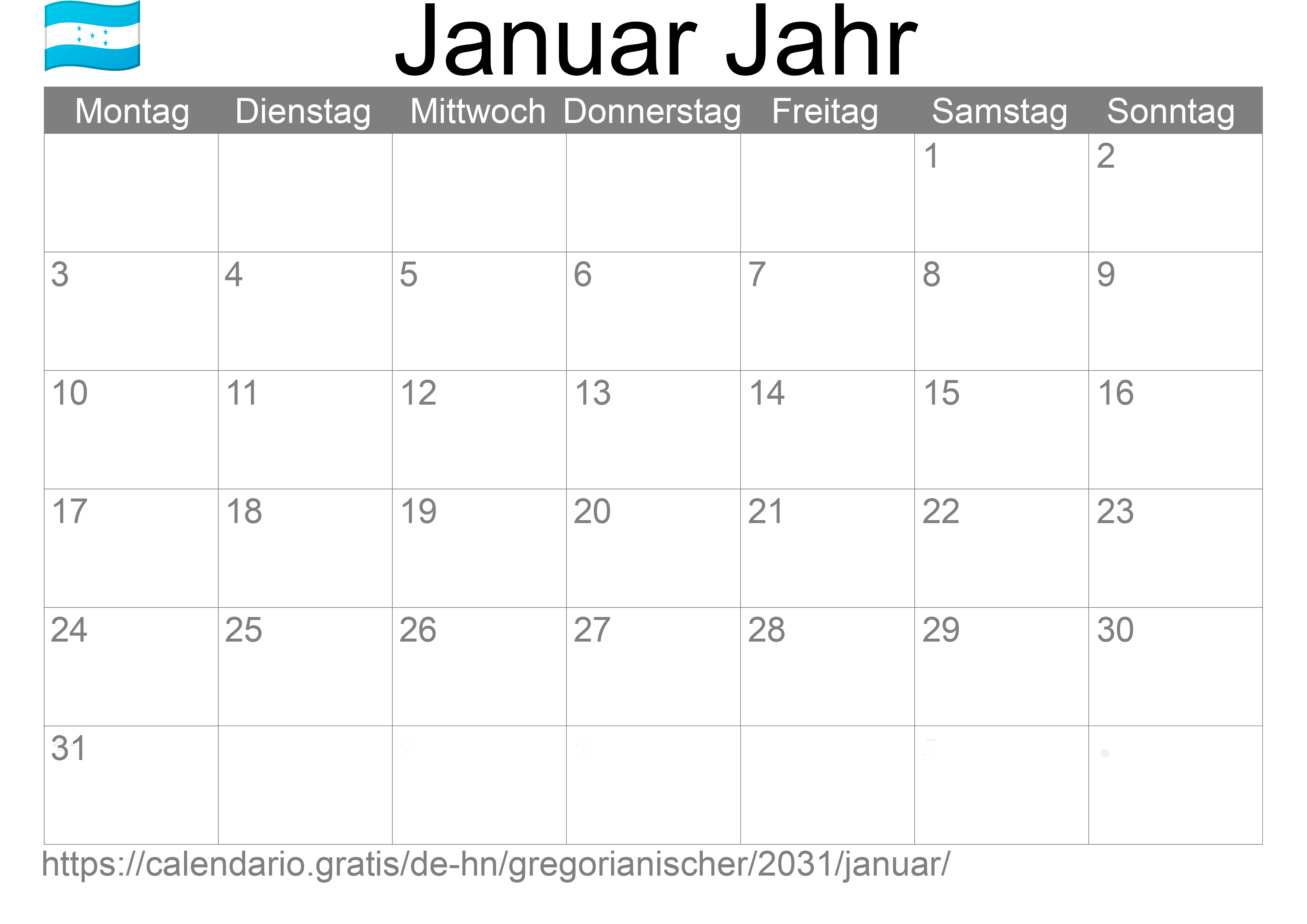 Kalender Januar 2031 zum Ausdrucken