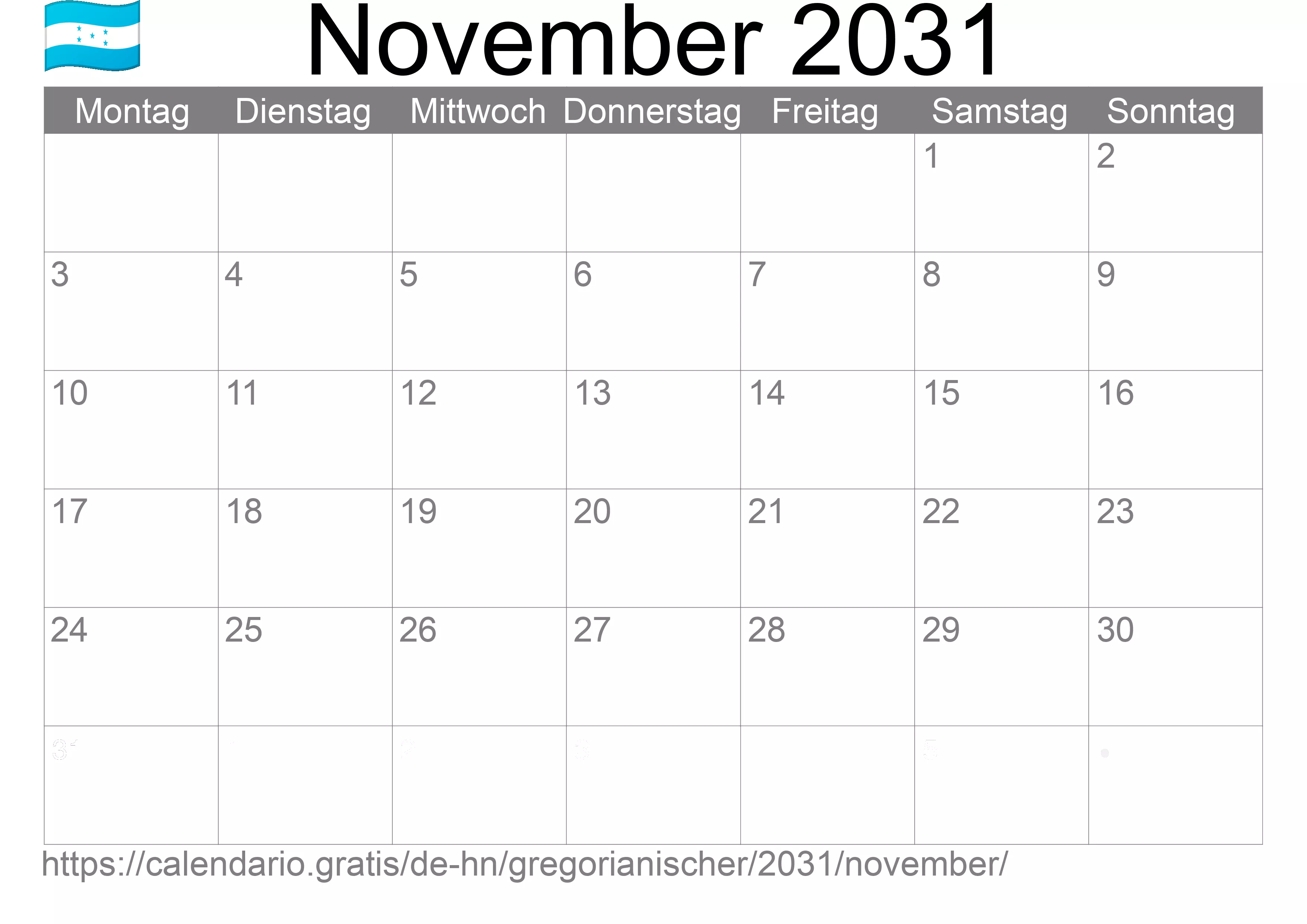 Kalender November 2031 zum Ausdrucken (Honduras)