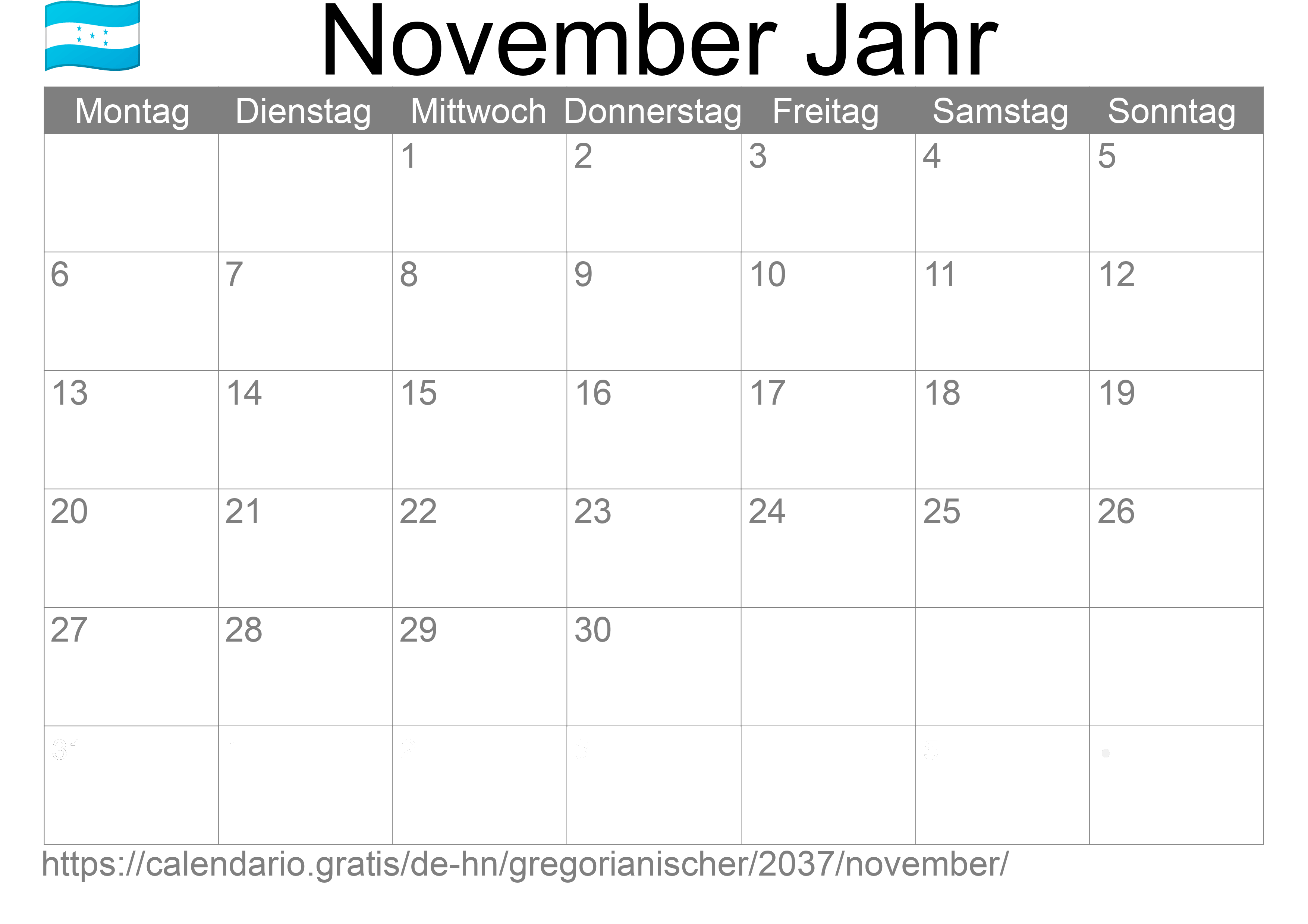 Kalender November 2037 zum Ausdrucken